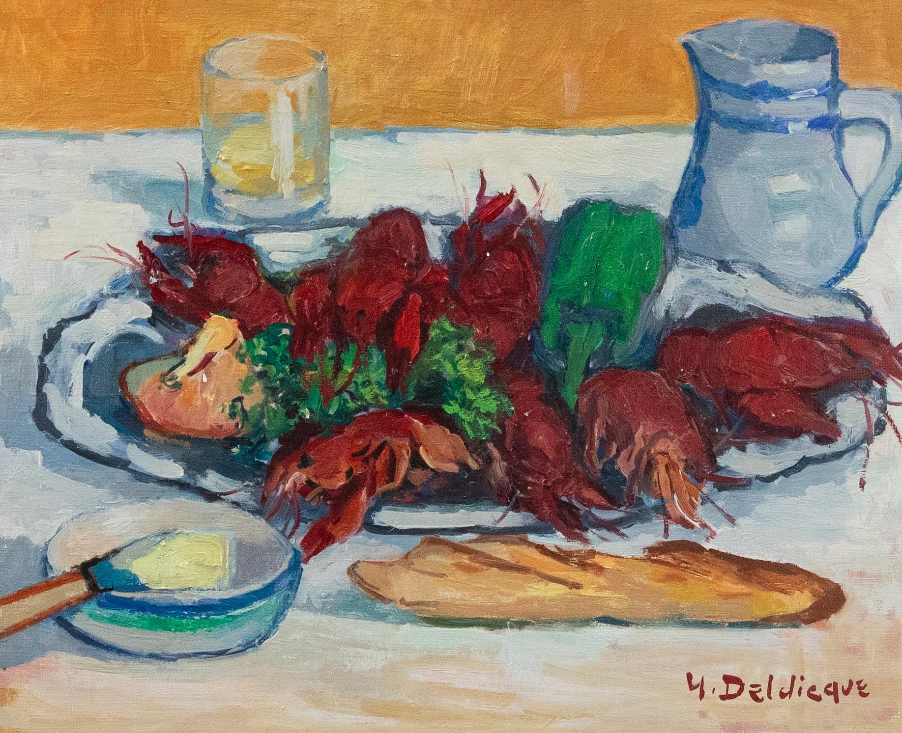 Unknown Still-Life Painting - Yvonne Deldicque (1895-1977) - French 20th Century Oil, Still Life of Crayfish
