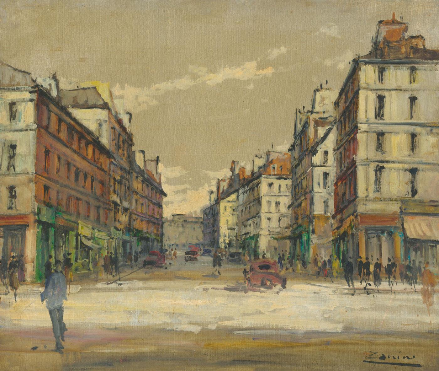 Unknown Landscape Painting - Zanini - Mid 20th Century Oil, Paris Street Scene