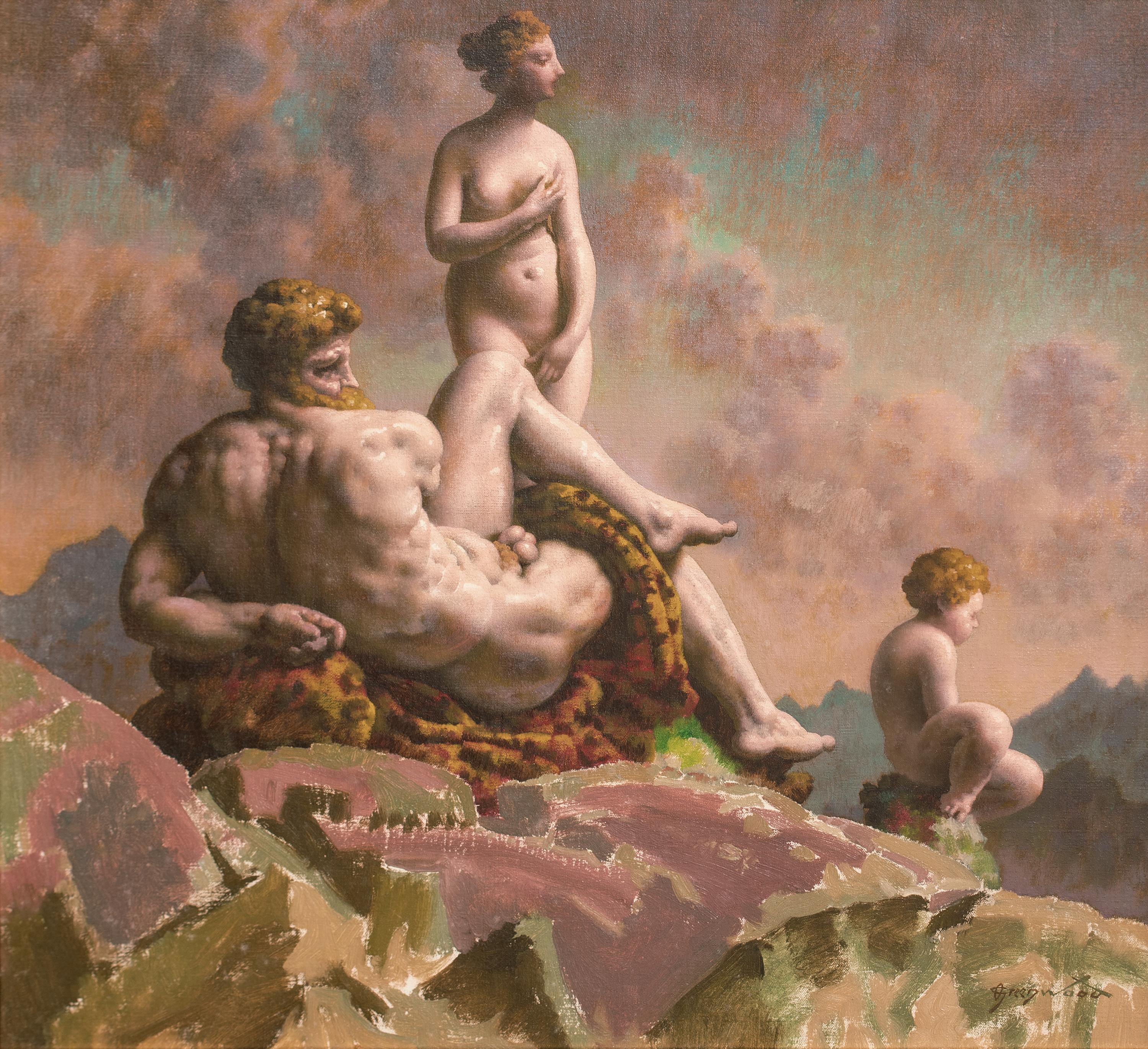 Zeus, Danae e il piccolo Perseo, circa 1930  di Orlando Greenwood (1892-1969) - Portrait Painting Marrone di Unknown