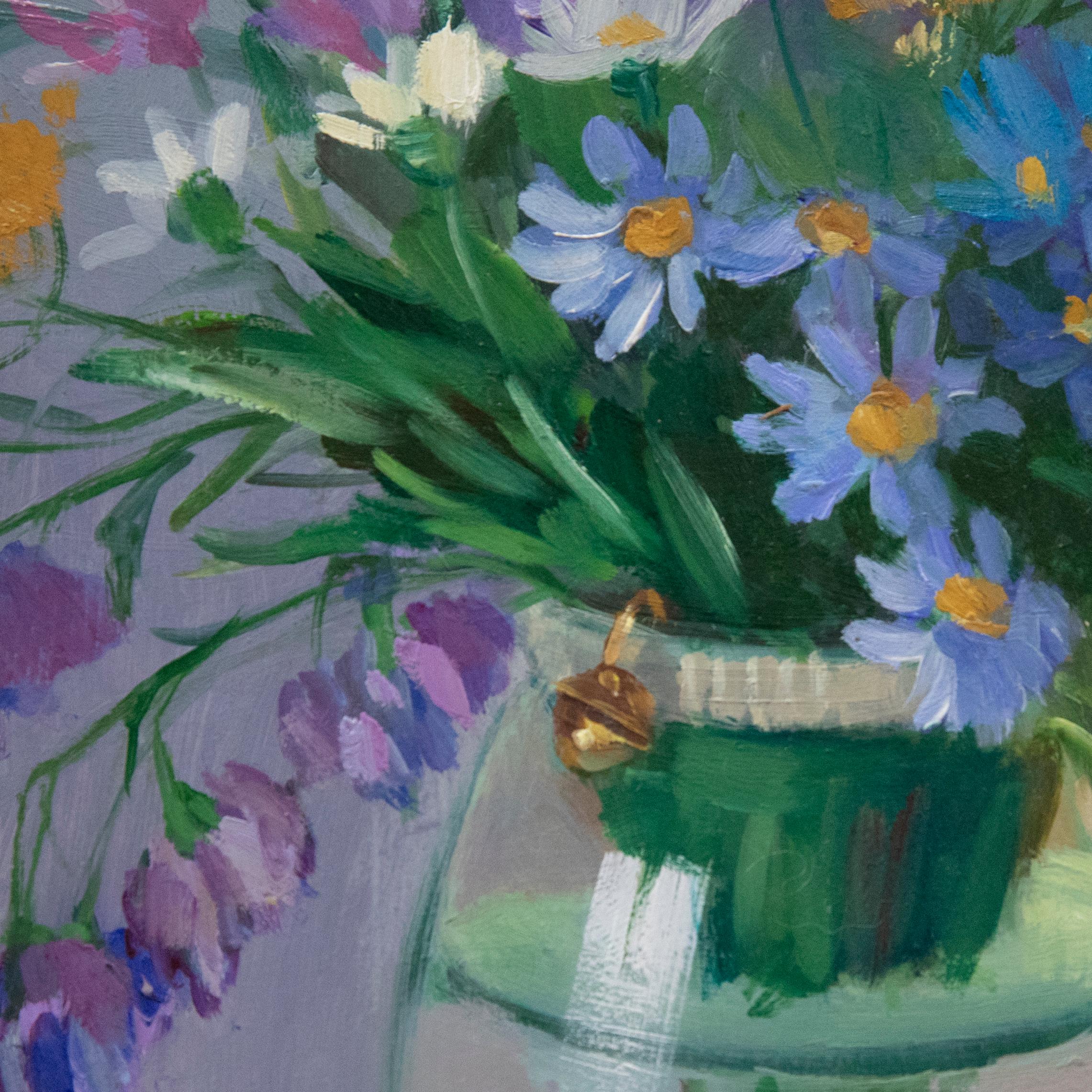 Zhanna Pechugina - Framed Contemporary Oil, Still Life of Summer Flowers - Gray Still-Life Painting by Unknown