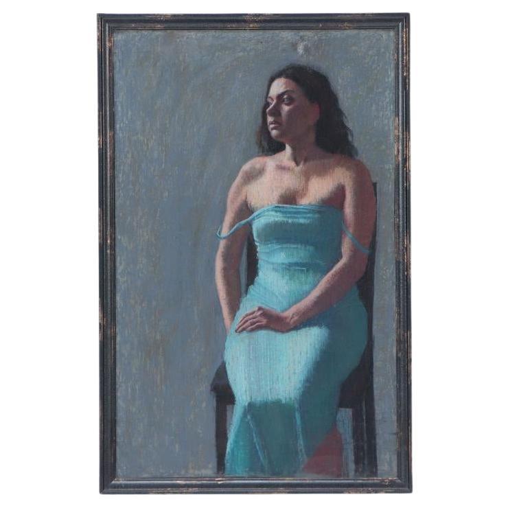 Unknown Pastel Artist Study - Lady in Blue Dress on Chair