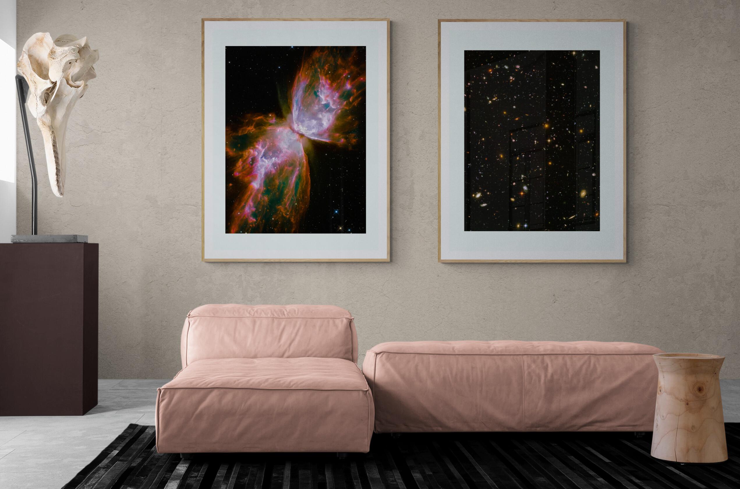 Original museum grade exhibition prints on acid-free poster paper.
This image can be hung horizontal or verticle.

Embedded in this Hubble Space Telescope image of nearby and distant galaxies are 18 young galaxies or galactic building blocks, each