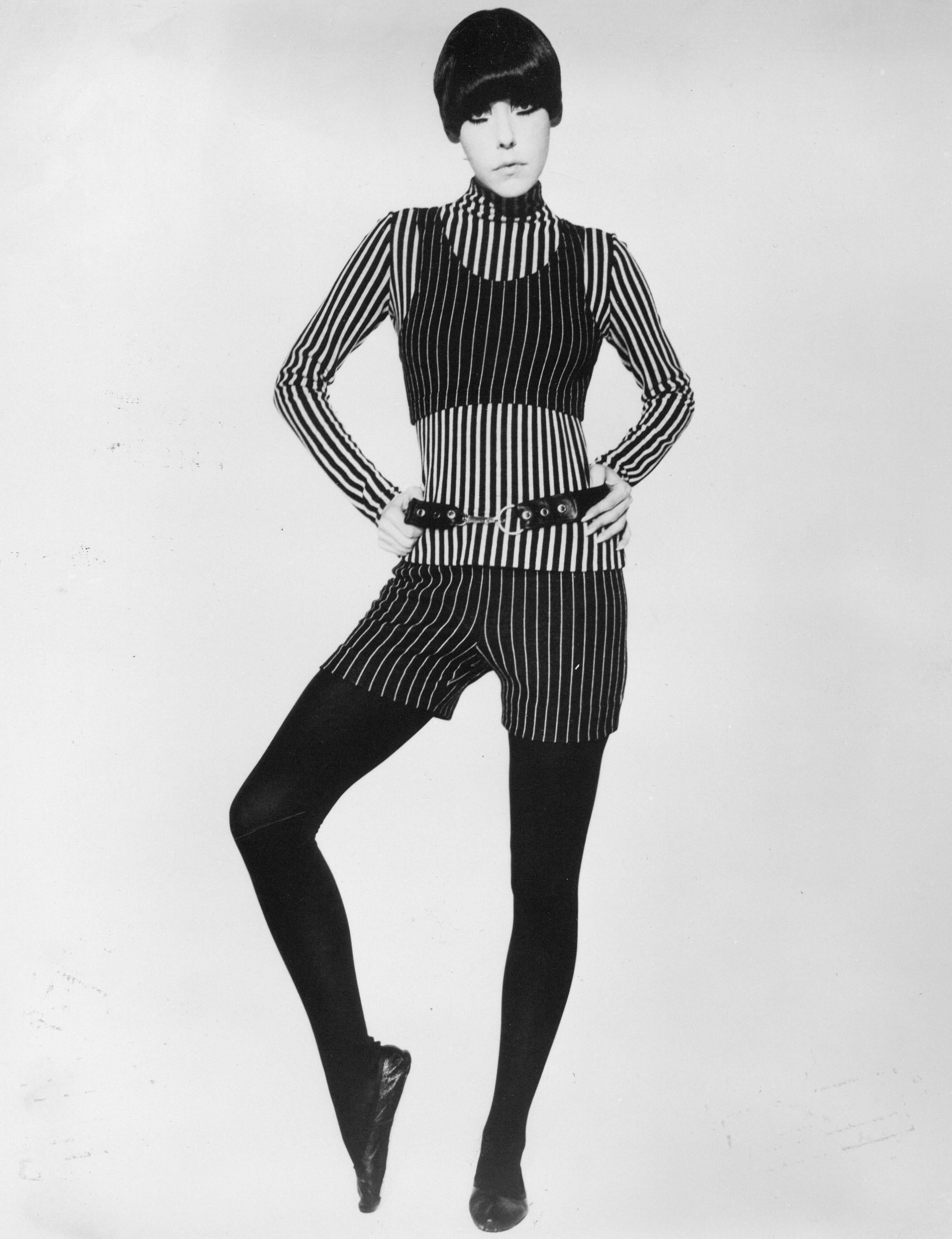 Unknown Black and White Photograph - 70s Fashion: Model in Pinstripes Vintage Original Photograph