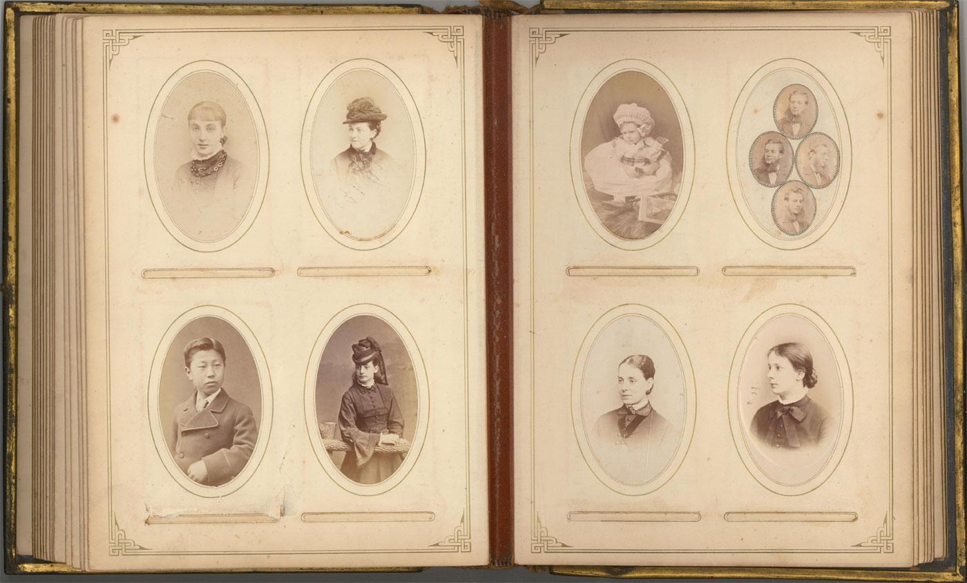 An extremely interesting, virtually complete Victorian 19th Century photograph album, containing one hundred and twenty six photographs and portraits of ladies, gentlemen, children and dogs. This album provides a unique insight into multiple aspects
