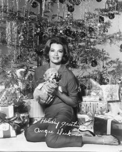 Angie Dickinson Posing with Christmas Puppy Signed Vintage Original Photograph