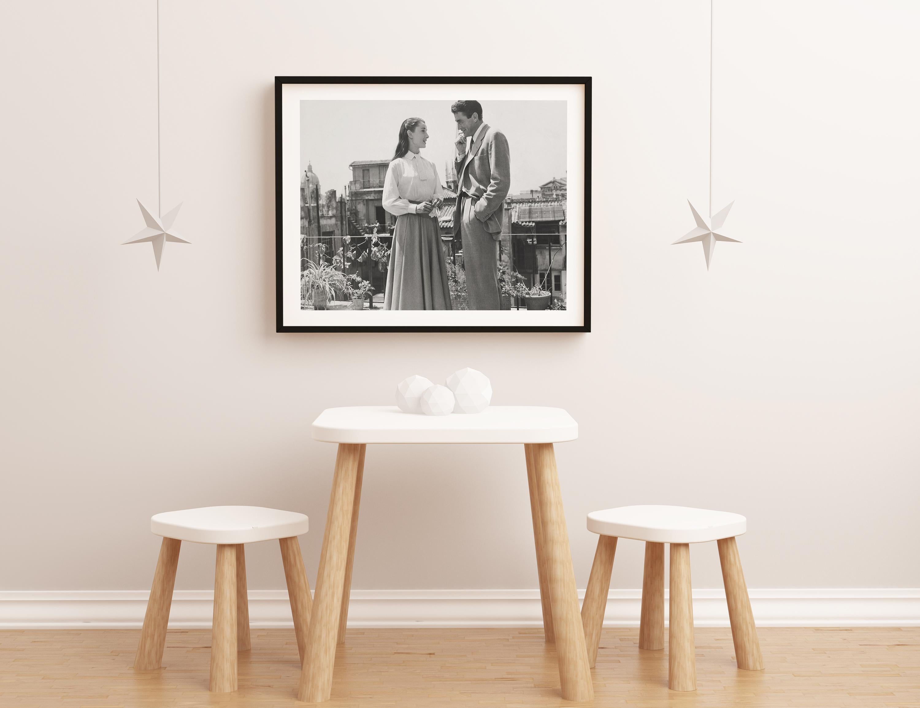 Audrey Hepburn and Gregory Peck in Roman Holiday Globe Photos Fine Art Print - Gray Black and White Photograph by Unknown