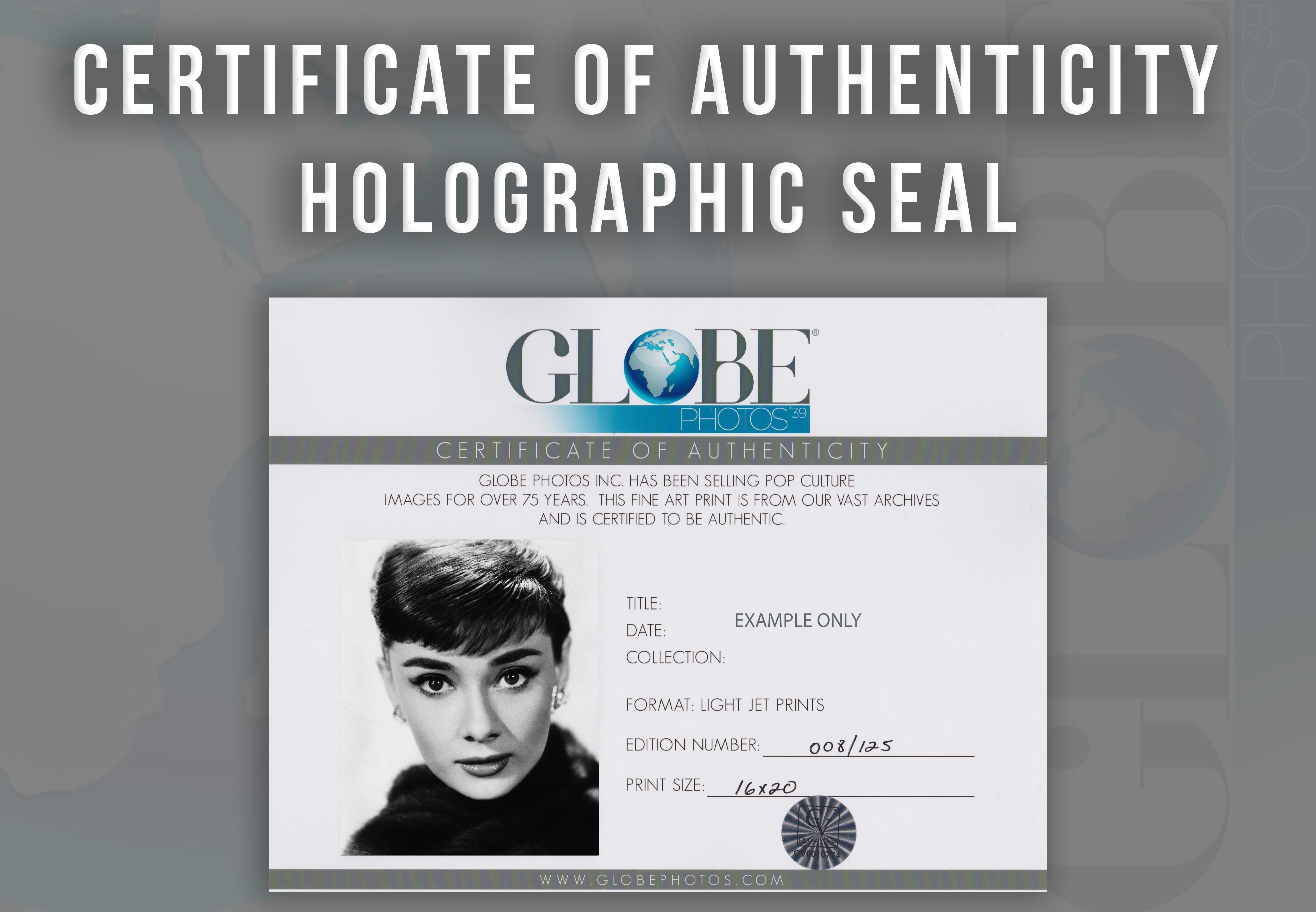 Audrey Hepburn Glamour Up Close Globe Photos Fine Art Print - Black Black and White Photograph by Unknown