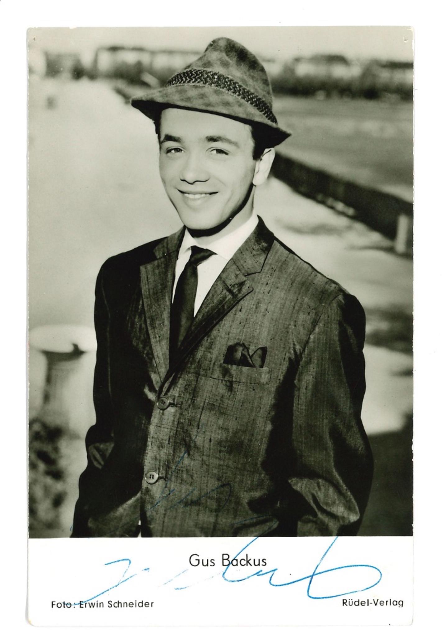 Unknown Portrait Photograph - Autograph Portrait of Gus Backus - Vintage b/w Postcard - 1960s