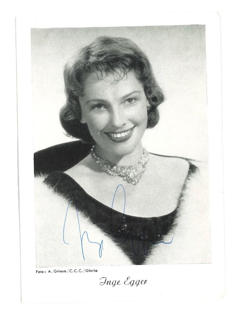 Unknown Portrait Photograph - Autograph portrait of Inge Egger - Vintage b/w Postcard - 1950s