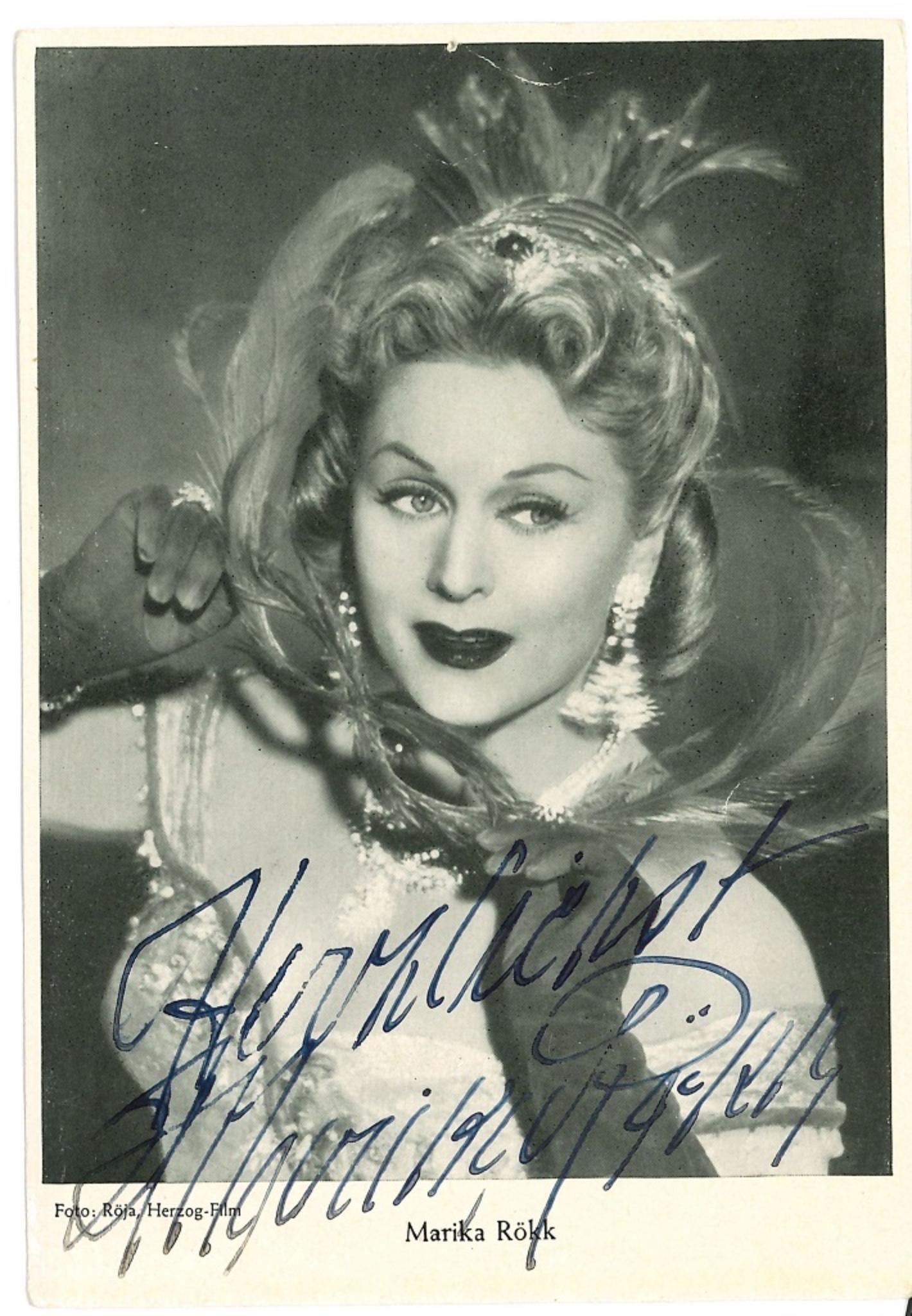 Unknown Portrait Photograph - Autograph Portrait of Marika Rökk - Vintage b/w Postcard - 1960s