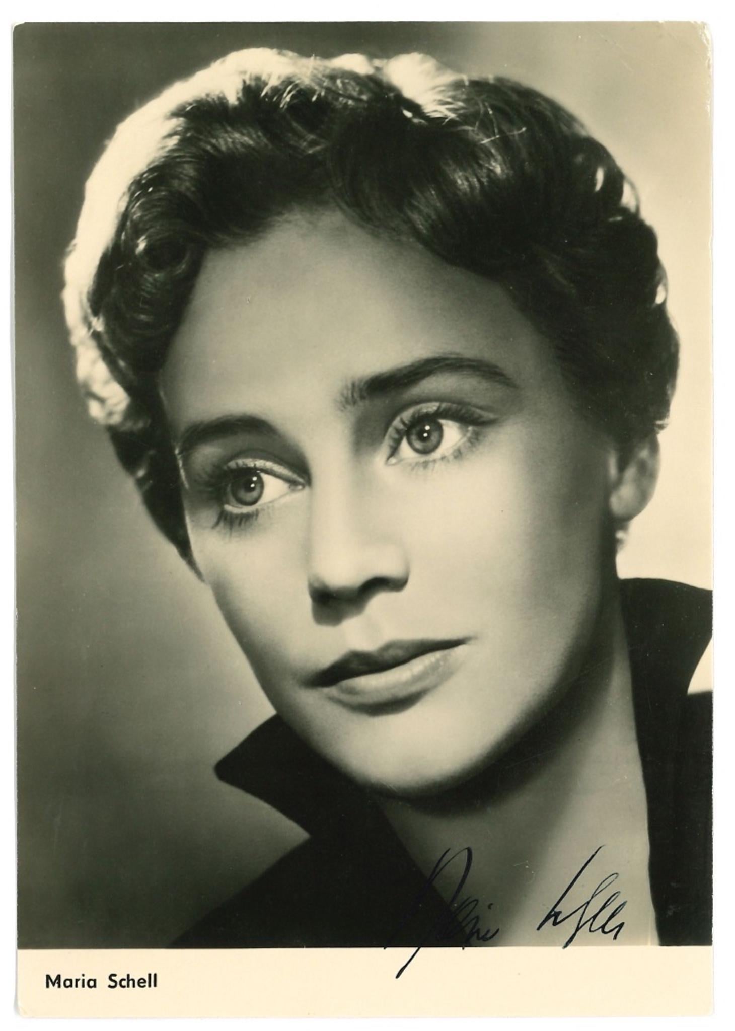 Unknown Portrait Photograph - Autographed Portrait by Maria Schell - Vintage b/w Postcard - 1950s
