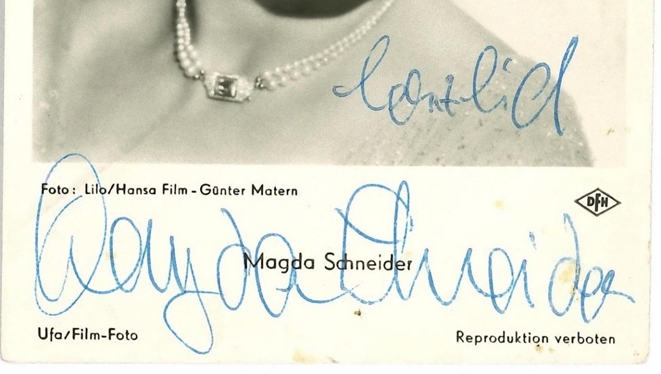 Autographed Portrait of Magda Schneider - Vintage b/w Postcard - 1950s - Photograph by Unknown