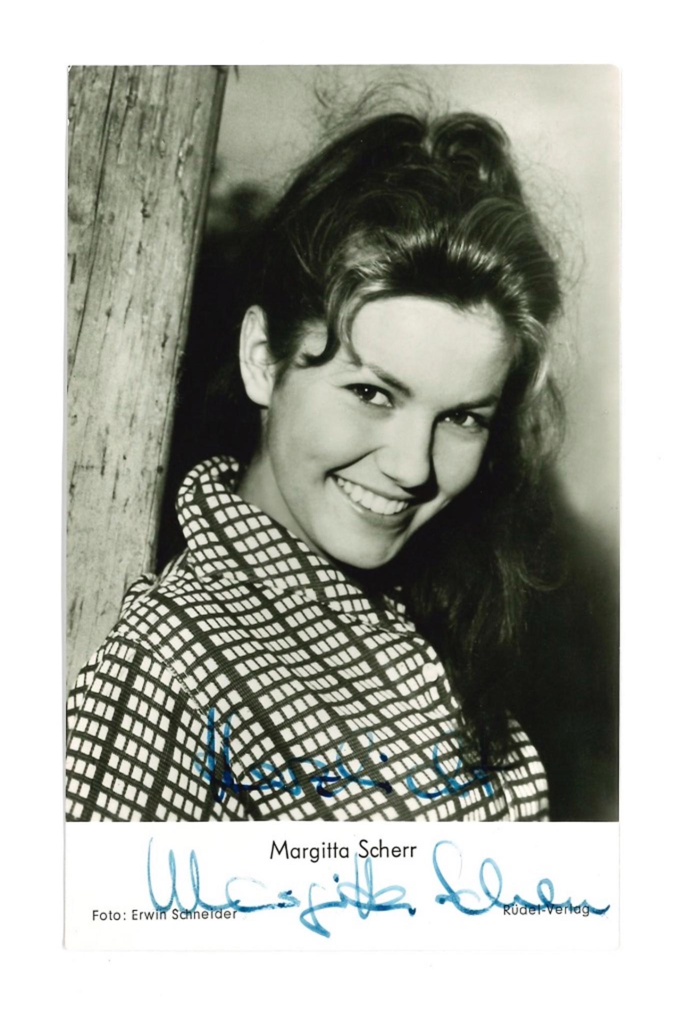 Unknown Portrait Photograph - Autographed Portrait of Margitta Scherr - Vintage b/w Postcard - 1960s