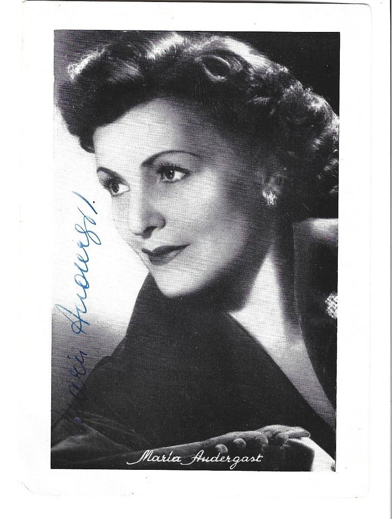 Unknown Portrait Photograph - Autographed Portrait of Maria Andergast - Vintage b/w Postcard - 1950s