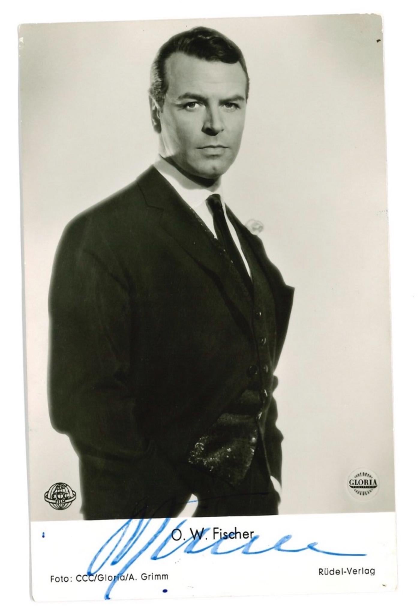 Unknown Portrait Photograph - Autographed Portrait of O. W. Fischer - Vintage b/w Postcard - 1950s