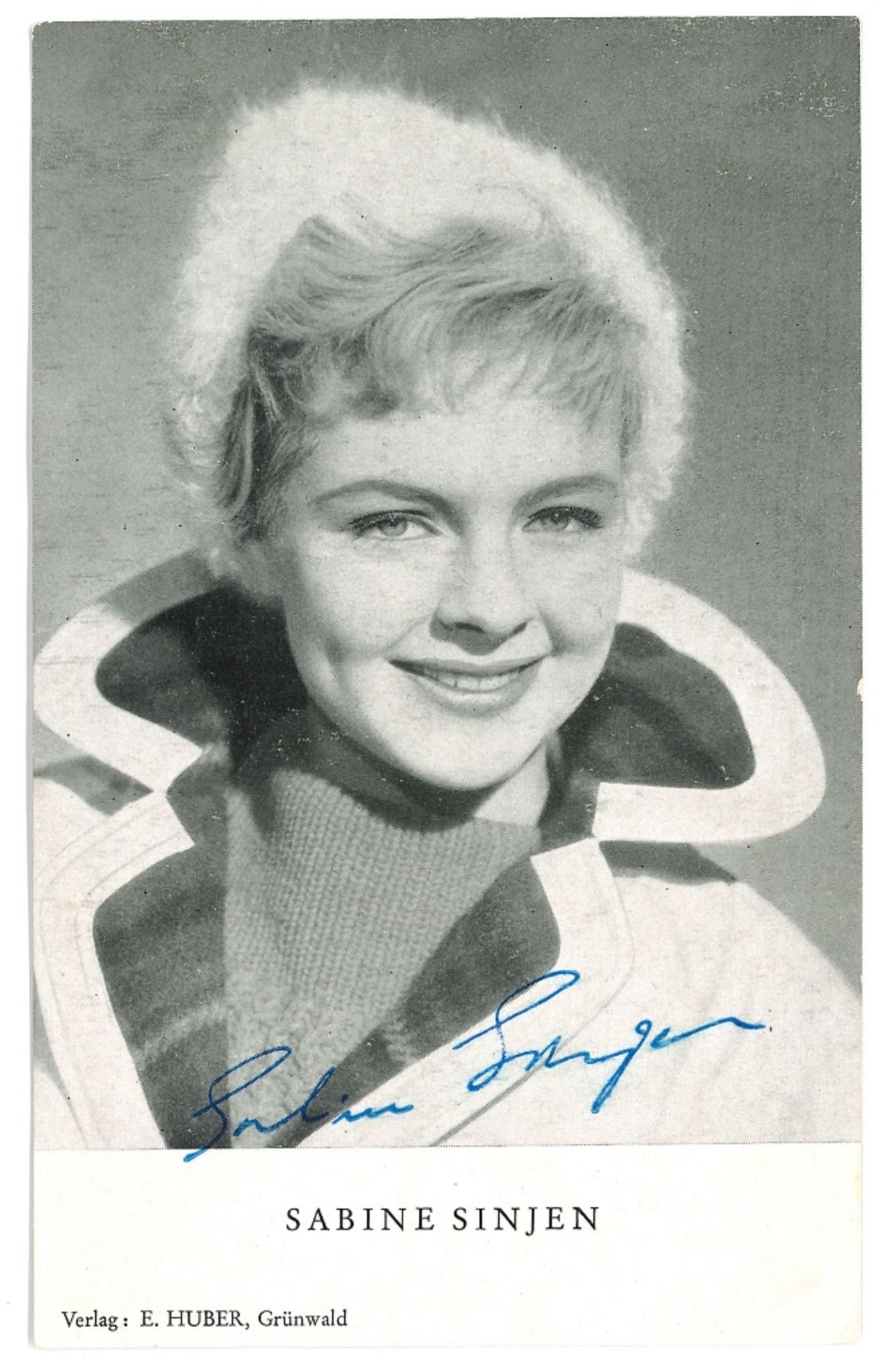 Unknown Portrait Photograph - Autographed Portrait of Sabine Sinjen - Vintage  b/w Postcard -1960s