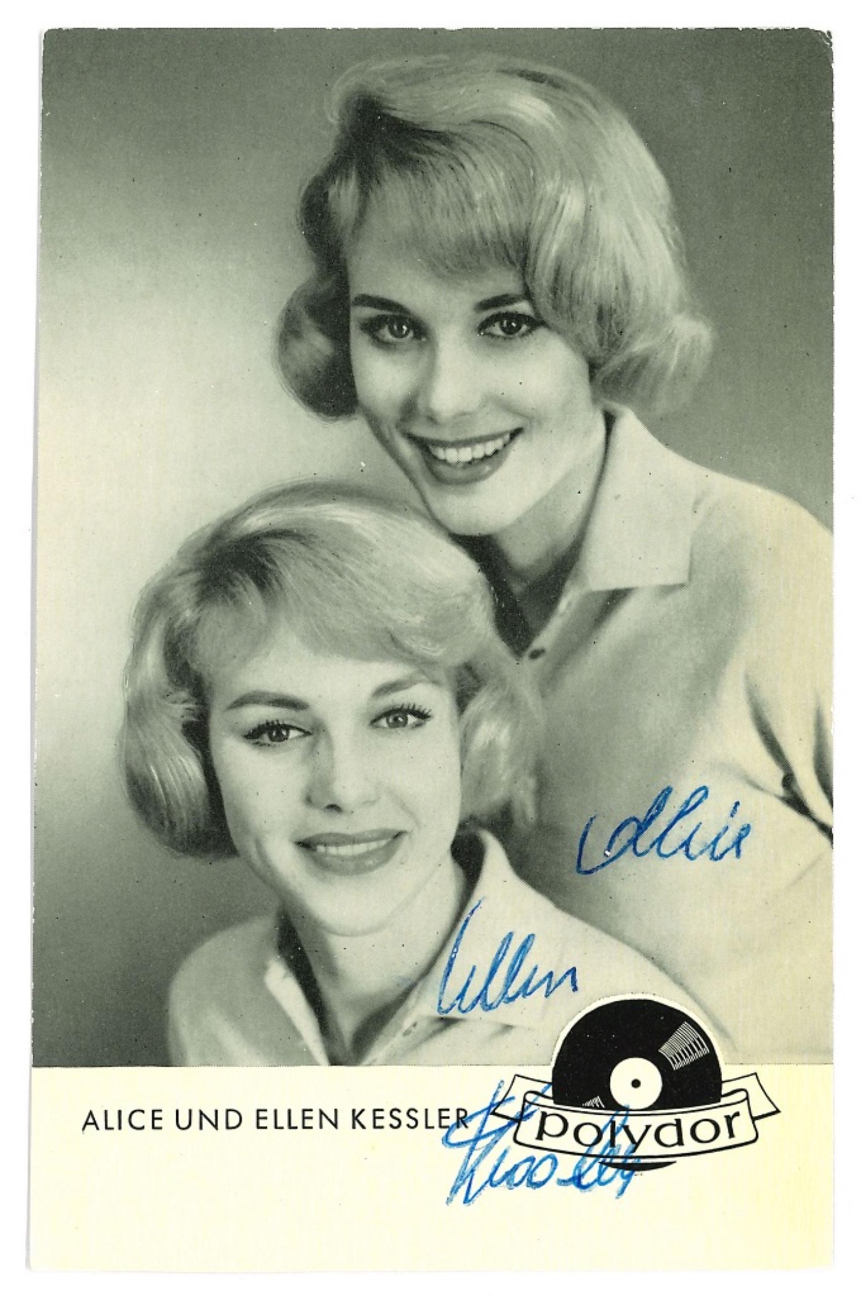 Autographed Portrait of The Kessler Twins - Vintage b/w Postcard - 1960s