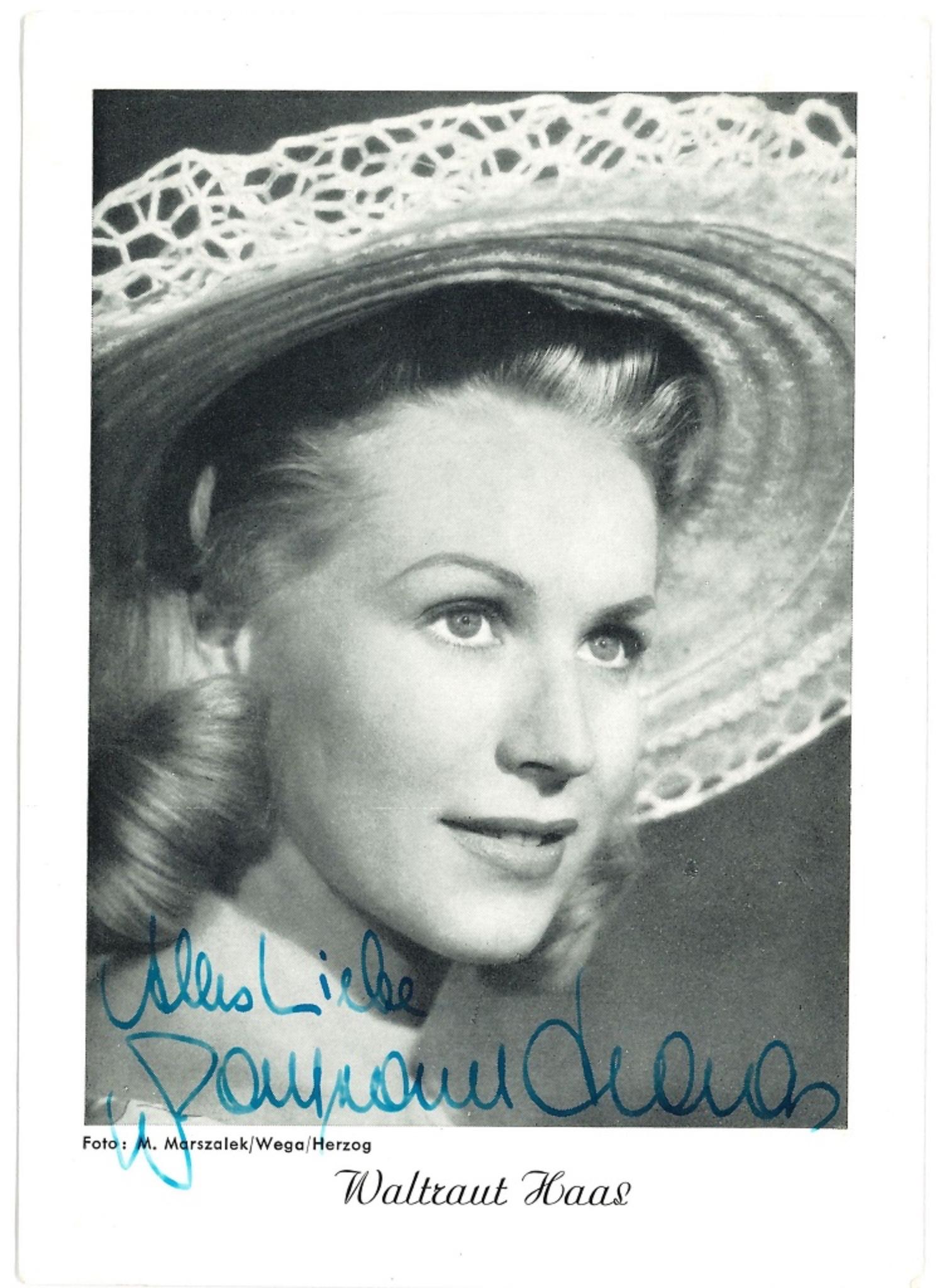 Unknown Portrait Photograph - Autographed Portrait of Waltraut Haas - Vintage b/w Postcard - 1950s