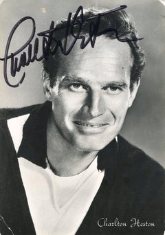 Autographed Portrait of young Charlton Heston - Vintage b/w Postcard - 1950s