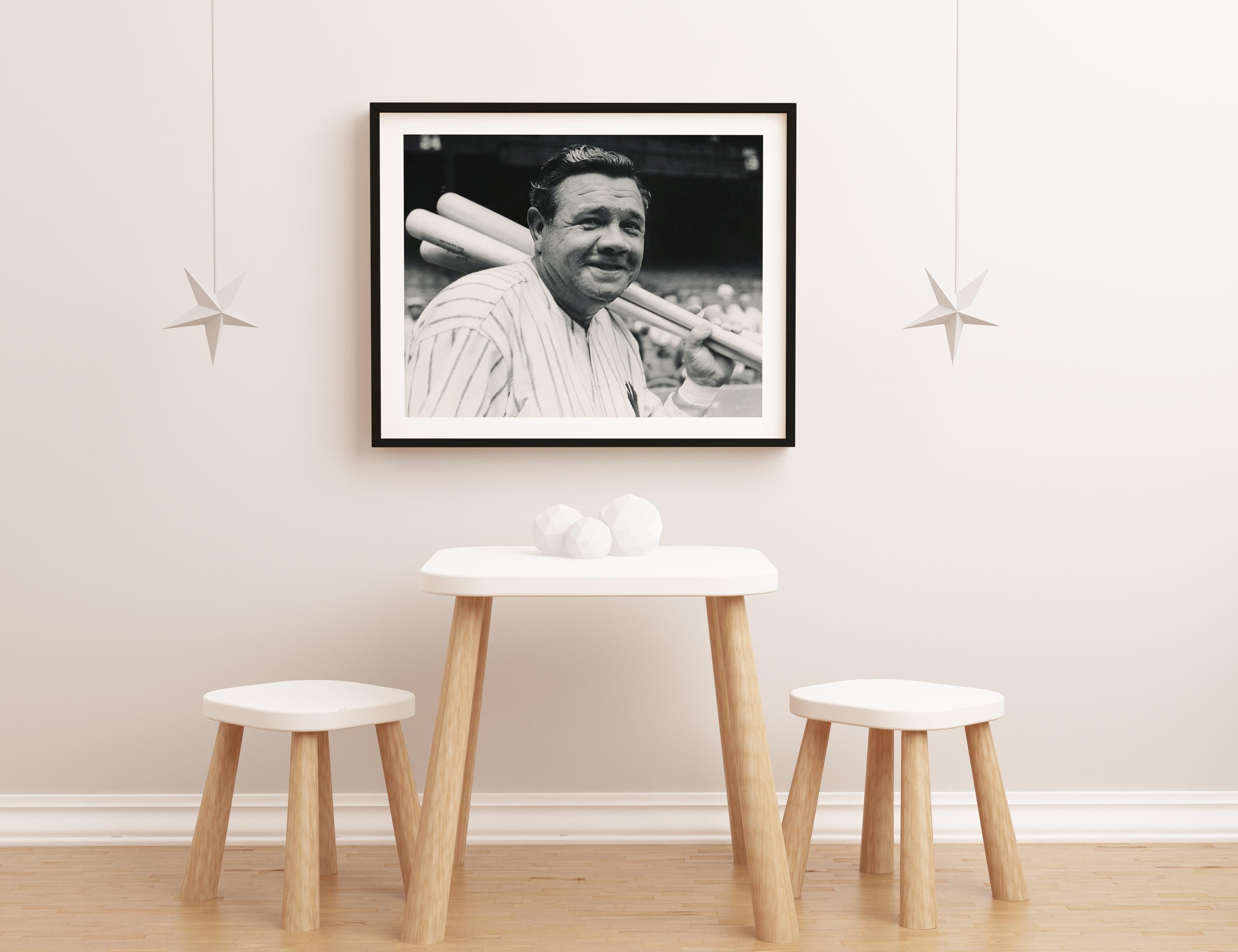 Babe Ruth Smiling on the Field Fine Art Print - Black Black and White Photograph by Unknown