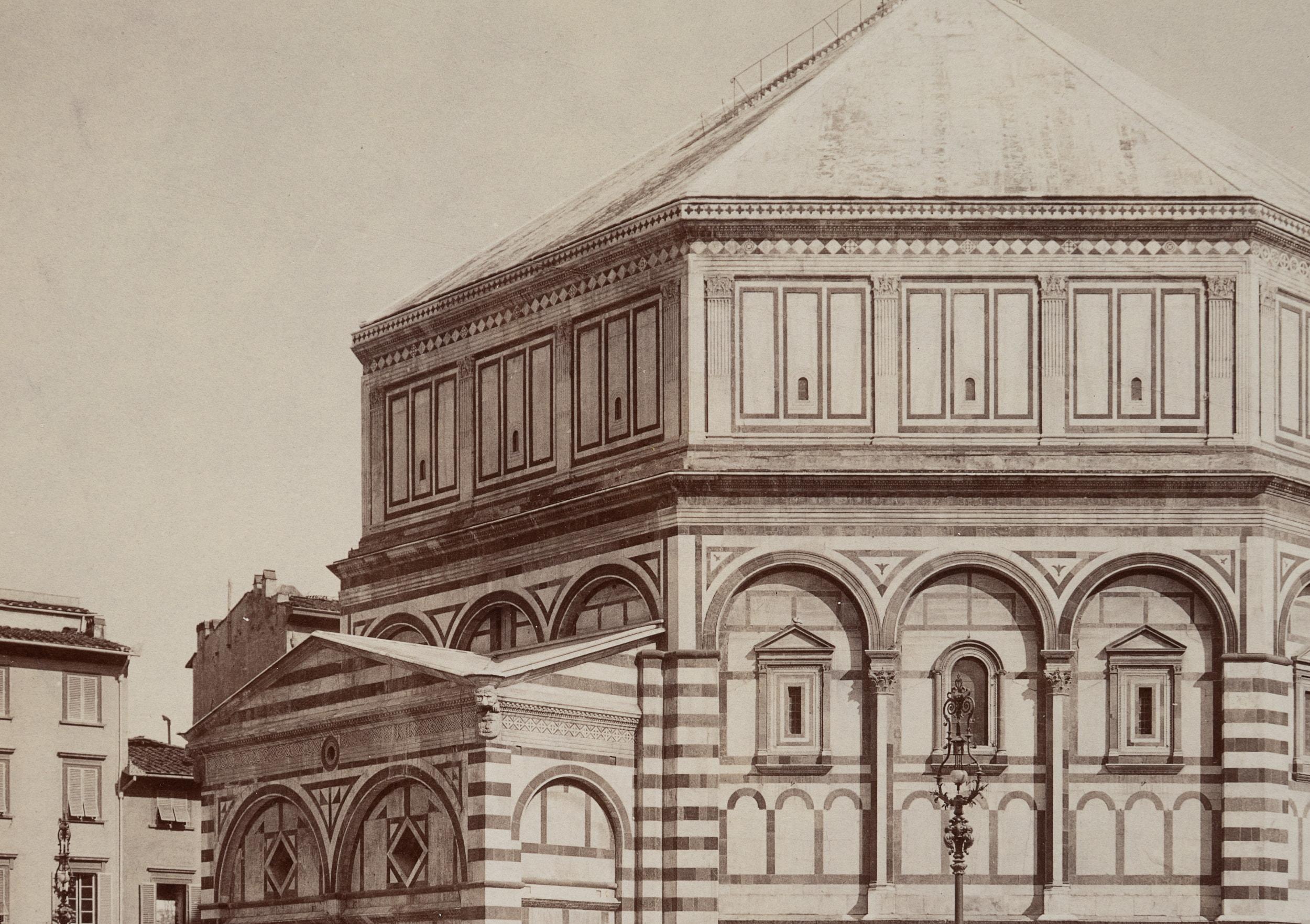 Fratelli Alinari (19th century): Architectural view of the Baptistry of San Giovanni Baptistery of the Duomo Florentine Romanesque, Florence, c. 1890, albumen paper print

Technique: albumen paper print, mounted on Albumen paper

Inscription: Lower