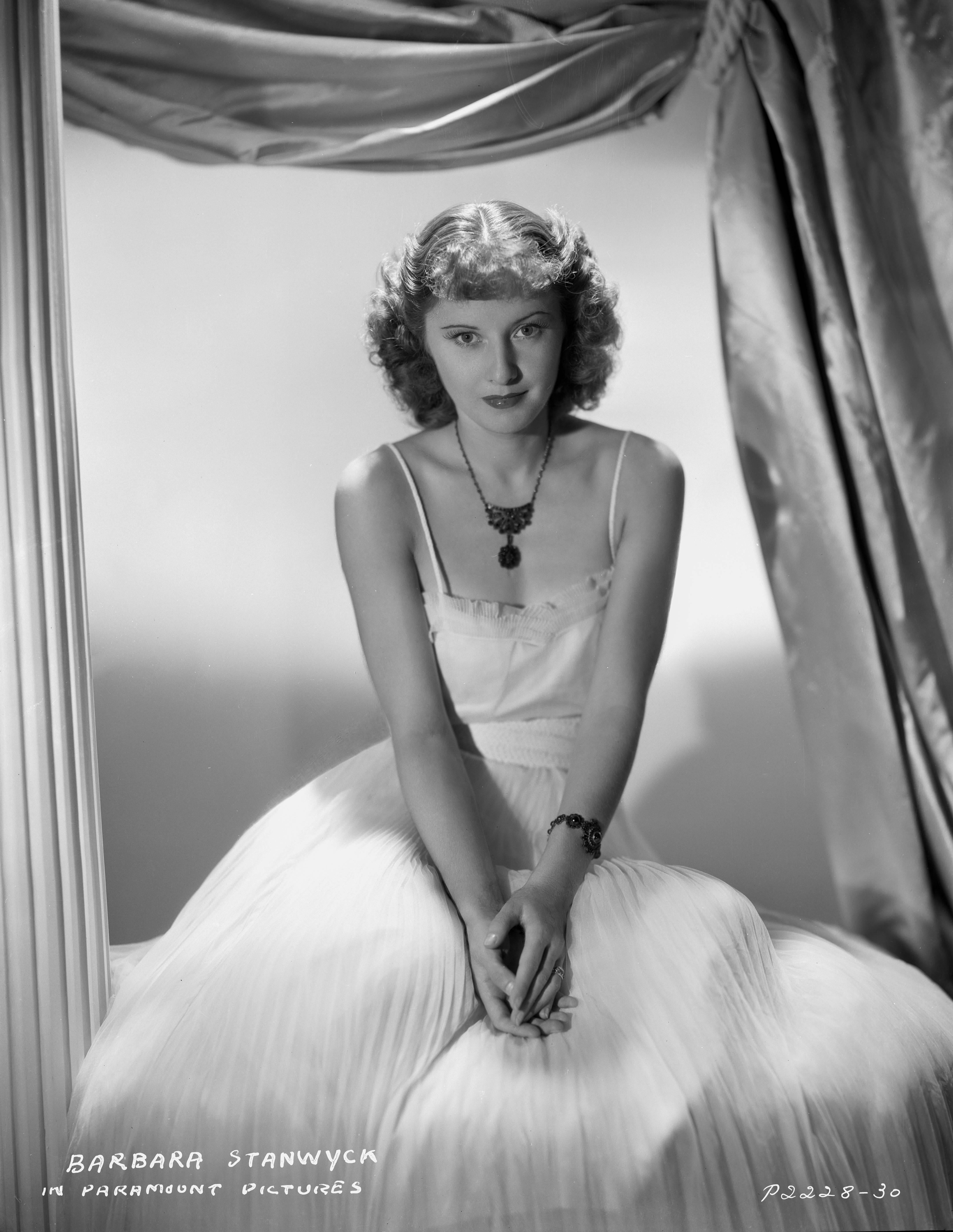 Unknown Black and White Photograph - Barbara Stanwyck in White Dress Fine Art Print