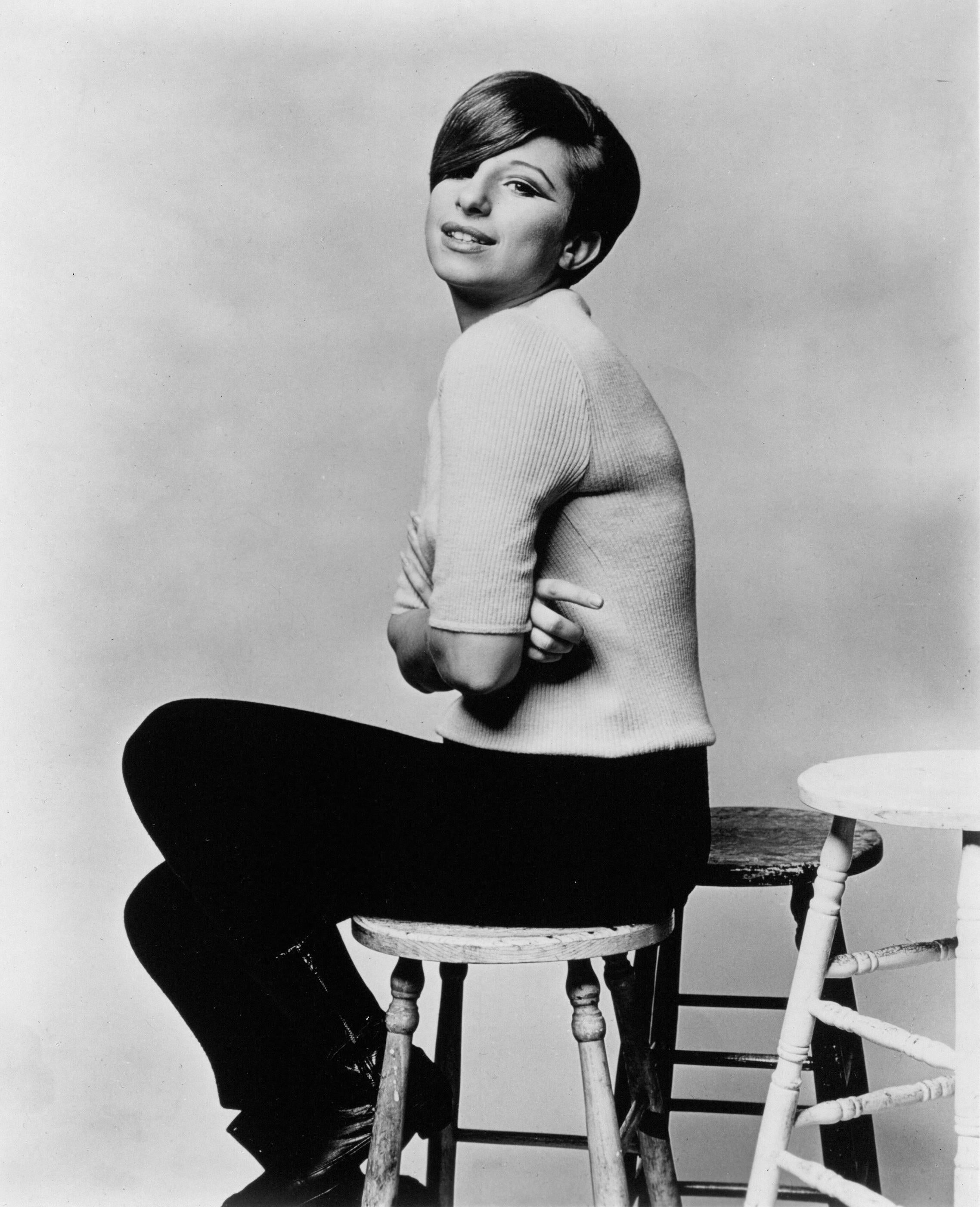 Unknown Black and White Photograph - Barbra Streisand Posing on Stool Vintage Original Photograph