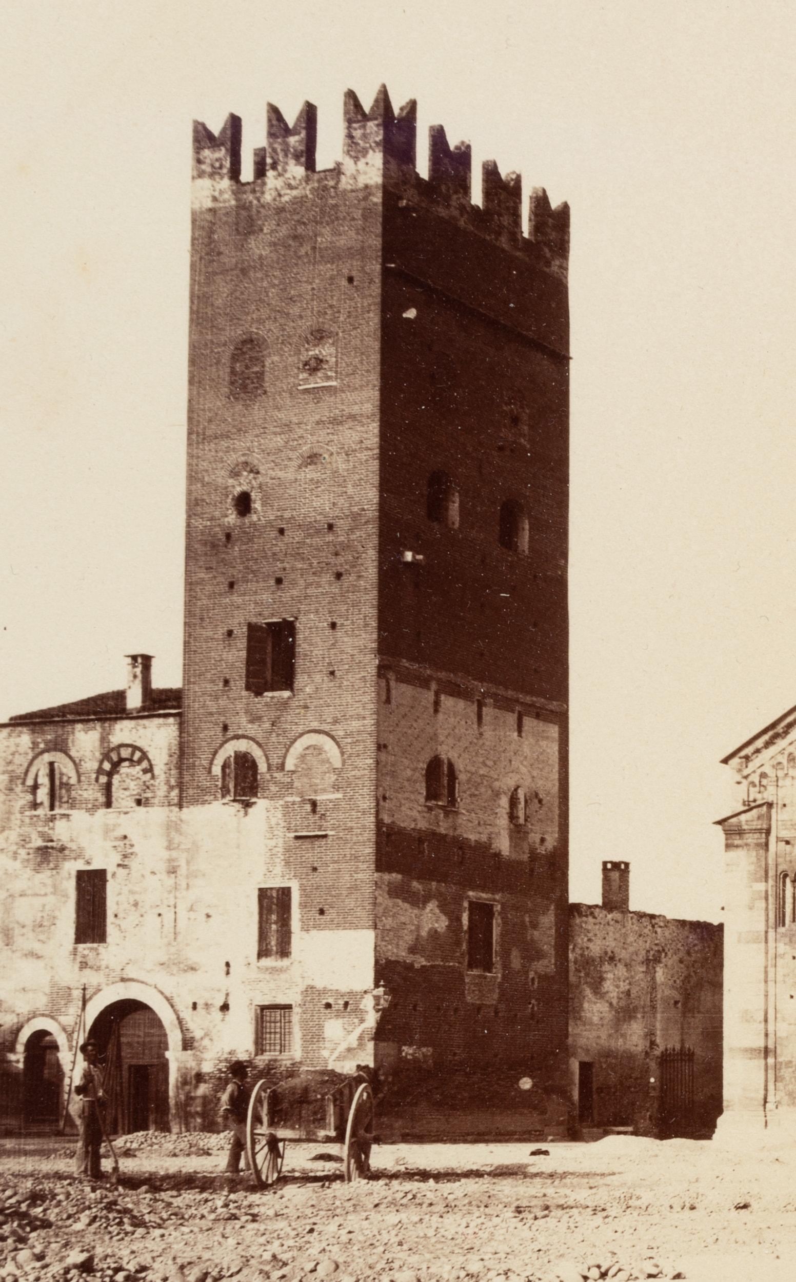Domenico Anderson (1854 Rom - 1938 ibid.): View across the forecourt to Basilica di San Zeno with the Campanile on the right and the fortified tower on the left, Verona, c. 1880, albumen paper print

Technique: albumen paper print

Inscription: