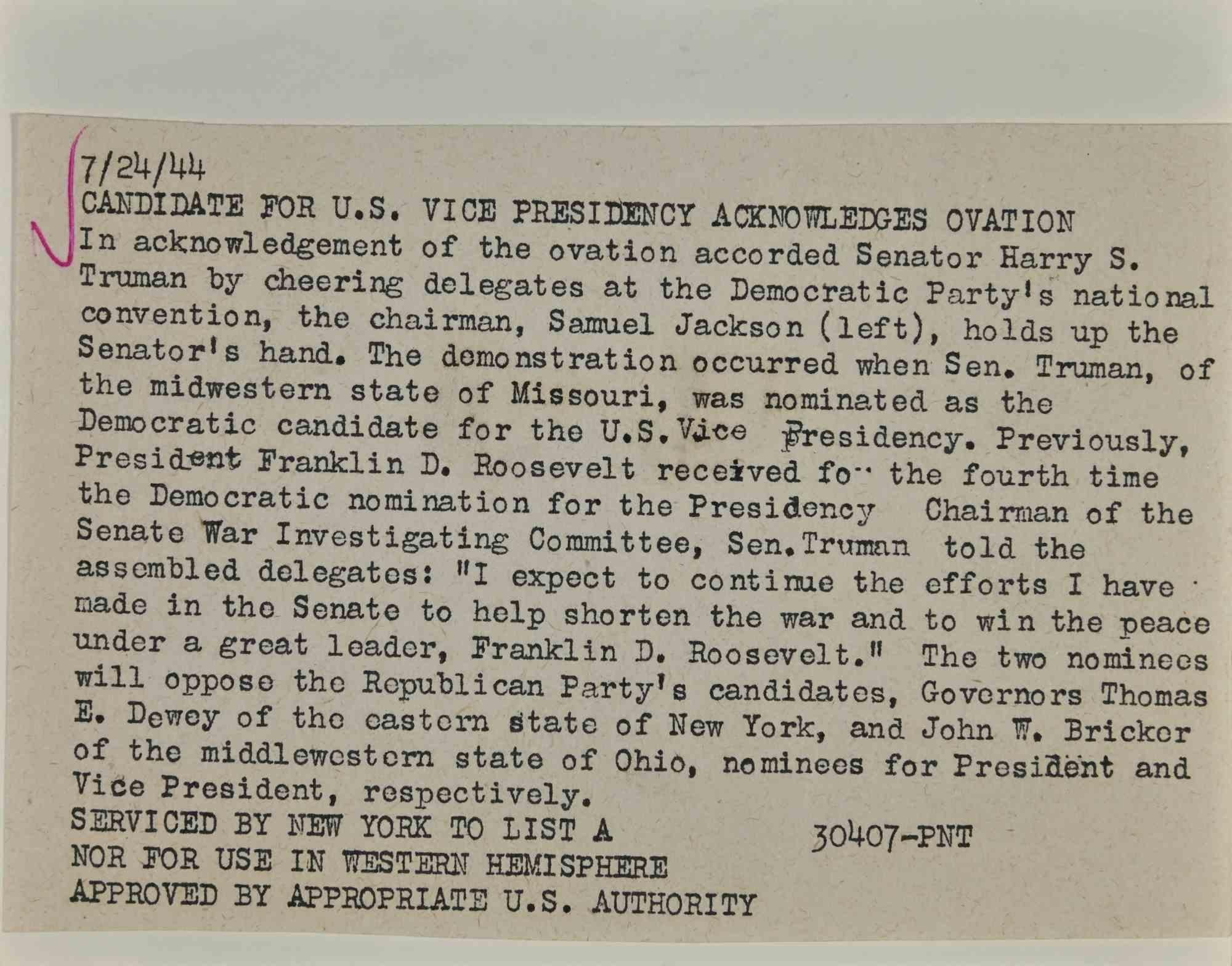 Kandidat für die US-Vizepräsidentschaft - Vintage-Fotografie - 1944 – Photograph von Unknown