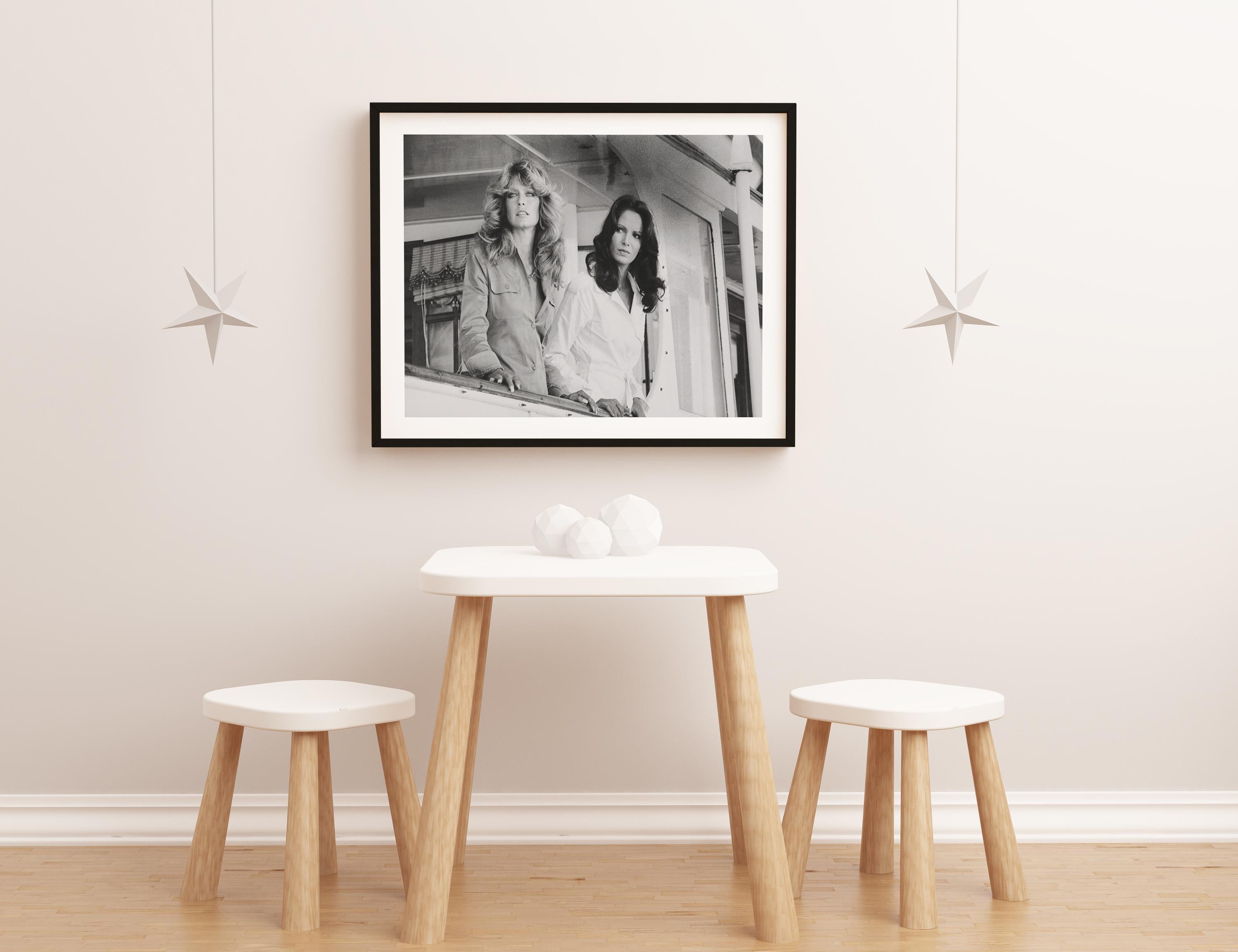 Charlie's Angels Farrah Fawcett and Jaclyn Smith Posed Smiling Fine Art Print - Gray Black and White Photograph by Unknown