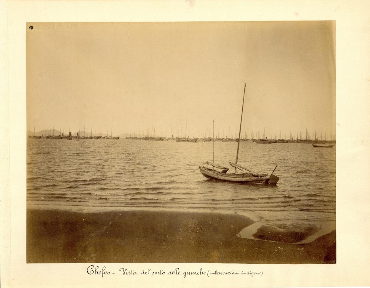 Unknown Black and White Photograph - Chefoo, Harbour of Junks - Ancient Albumen Print 1880/1900
