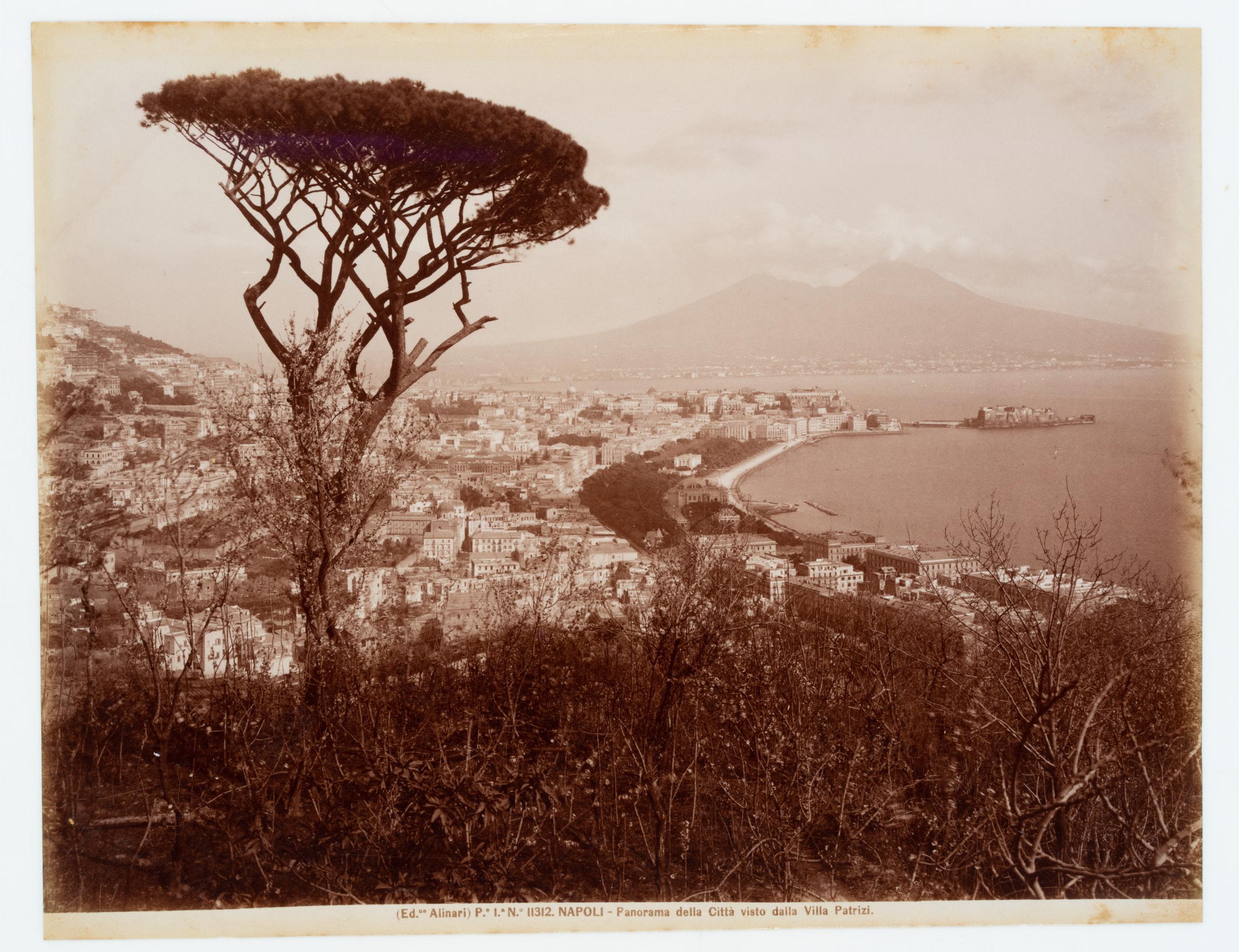 Fratelli Alinari (19th century): Panoramic view with pine tree from Villa Patrizi on the coast of Naples, the sea and Visuv in the distance, c. 1880, albumen paper print

Technique: albumen paper print

Inscription: Lower middle signed in the