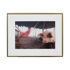 Daily Life Beach Color Photograph of a Smiling Woman in a Hammock with a Pig