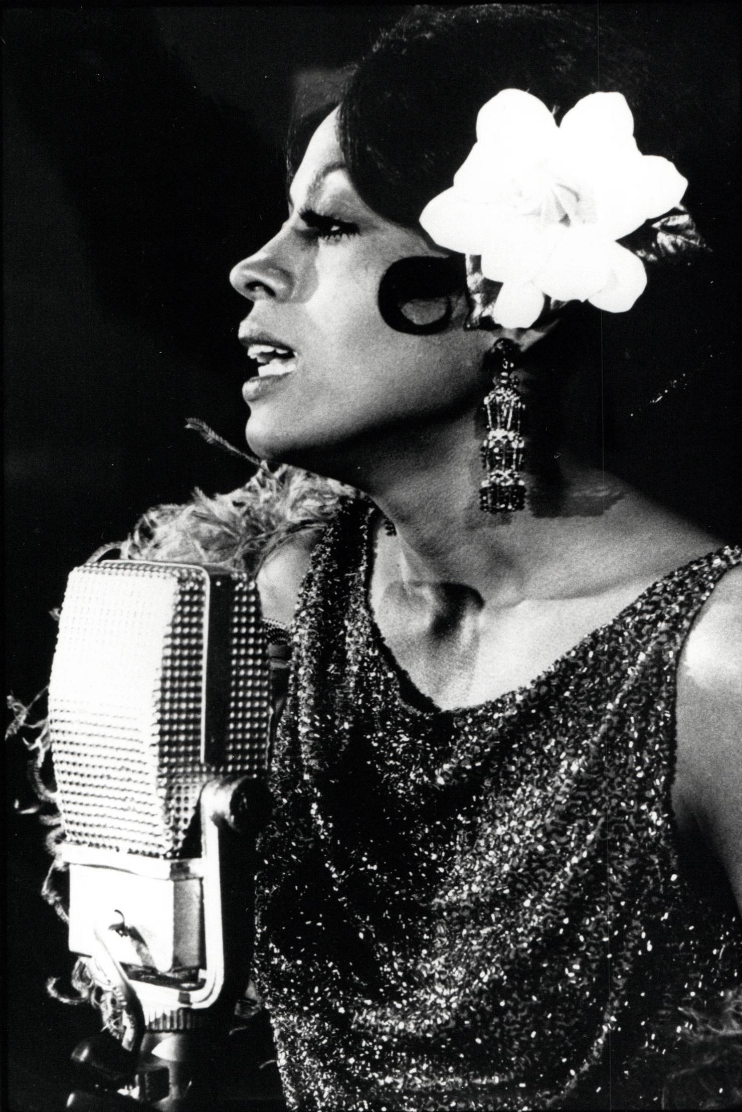 Unknown Black and White Photograph - Diana Ross Singing with Flower in Hair Vintage Original Photograph
