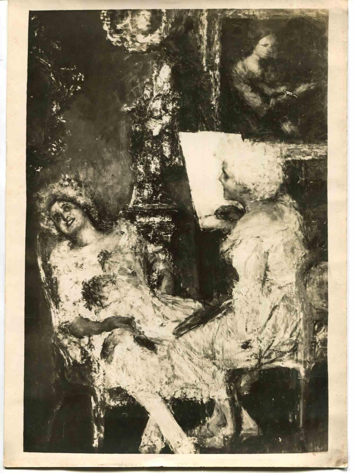 Unknown Figurative Photograph - Drawing a Portrait - Photo- Early 20th Century