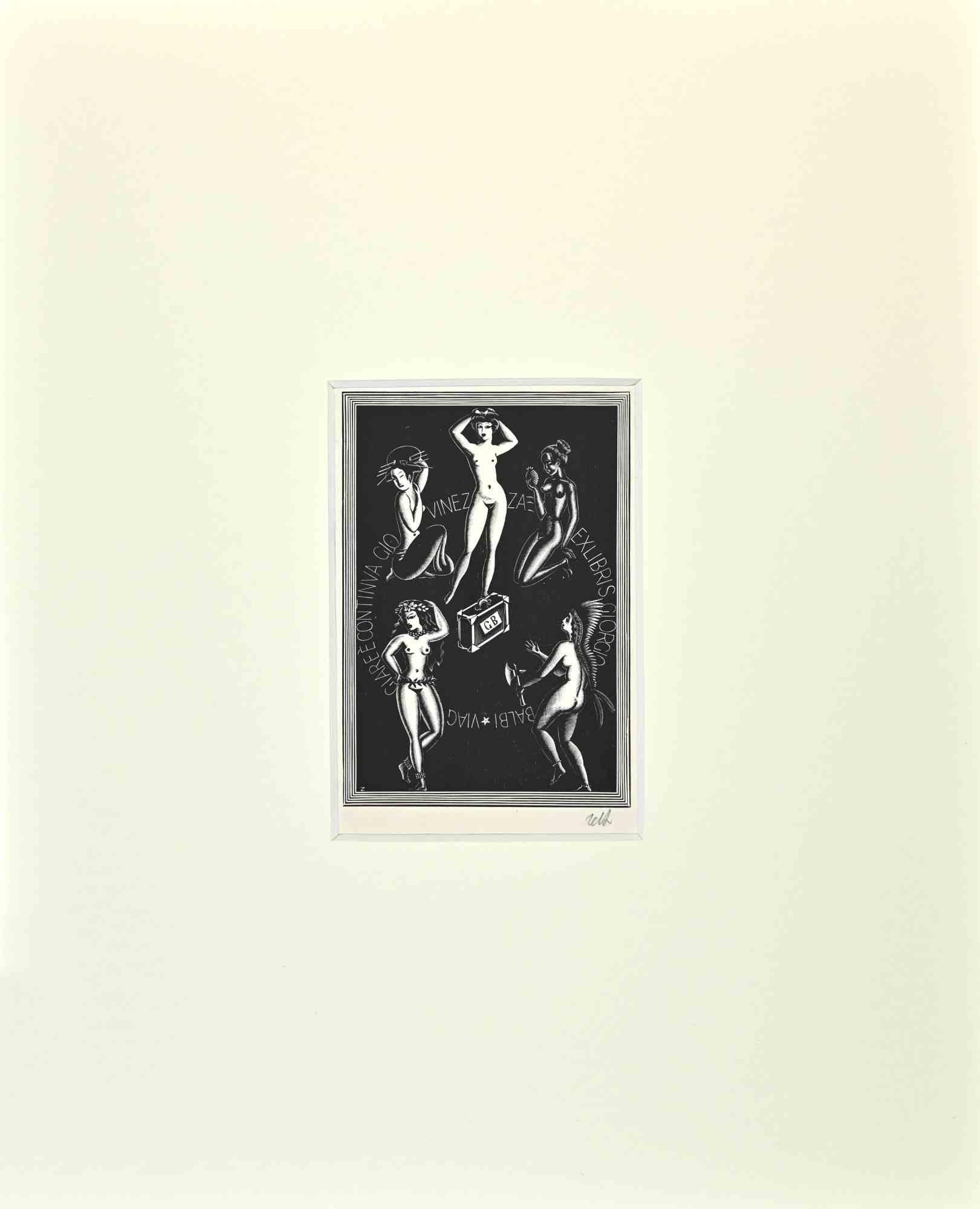 Unknown Figurative Photograph - Ex Libris  - Giorgio Balbi - Etching  - Mid-20th Century
