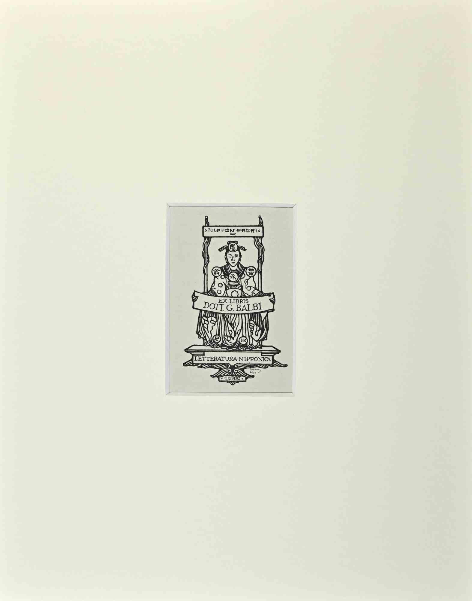 Unknown Figurative Photograph – Ex Libris  - Giorgio Balbi - Schriftlichkeit  Nipponica – Holzschnitt – Mitte des 20. Jahrhunderts