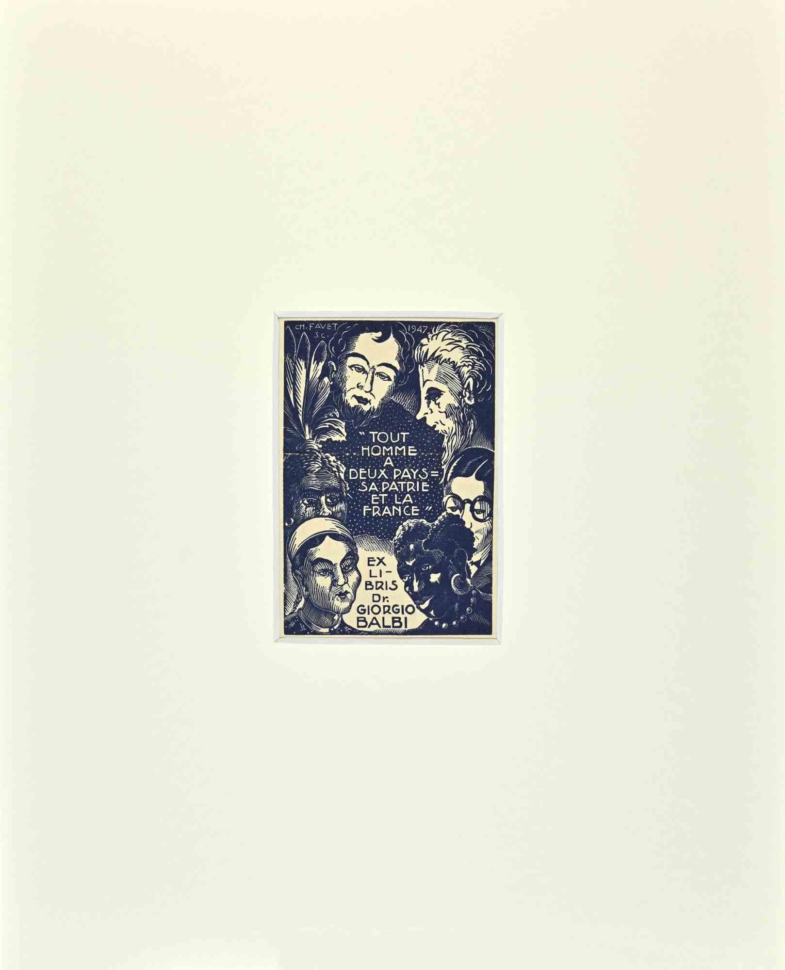 Unknown Figurative Print - Ex Libris  - Giorgio Balbi - Sa Patrie et la France - Woodcut - Mid-20th Century