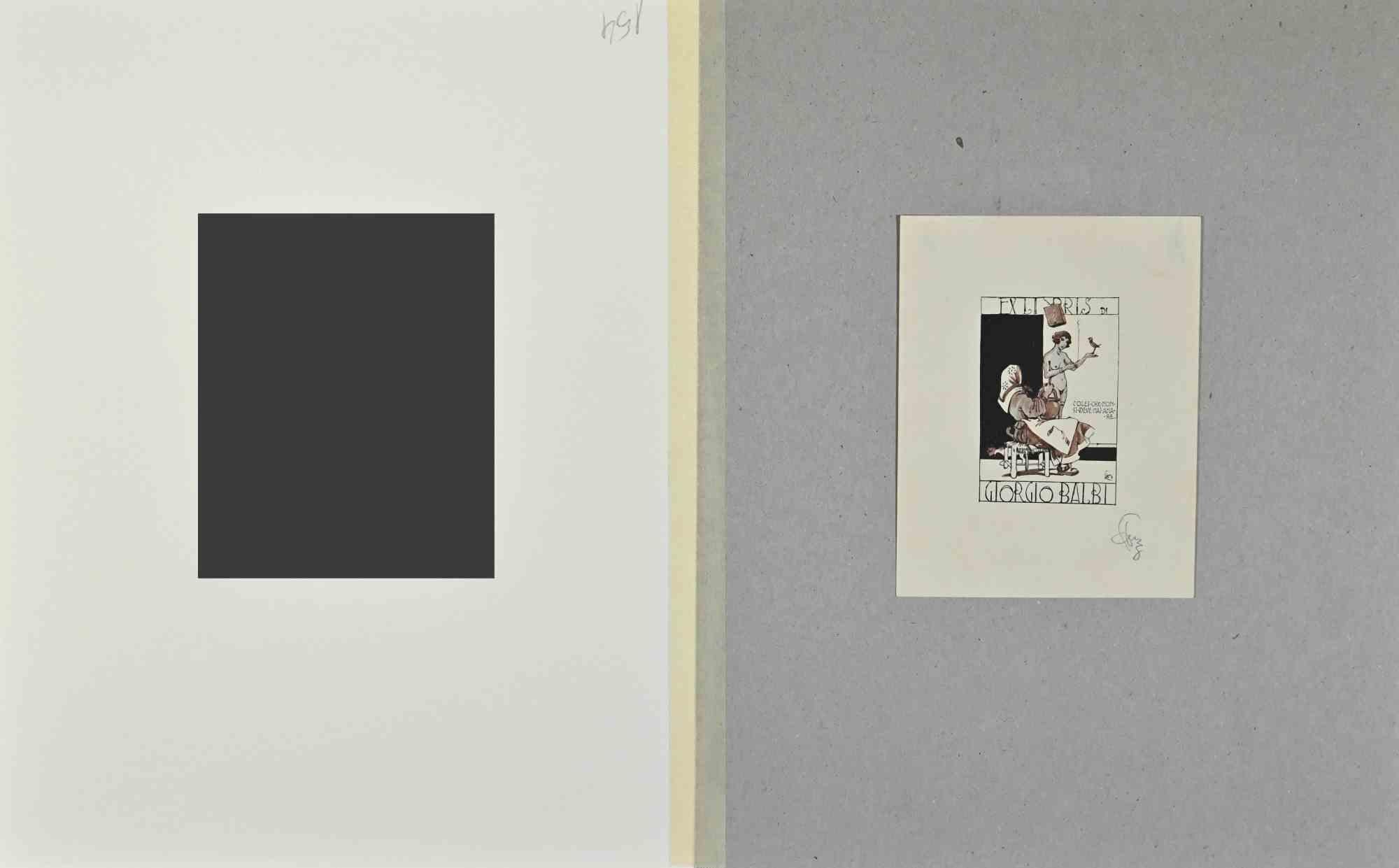 Ex Libris  - Giorgio Balbi  -  You Si-taglia in legno - Metà del XX secolo - Print di Unknown