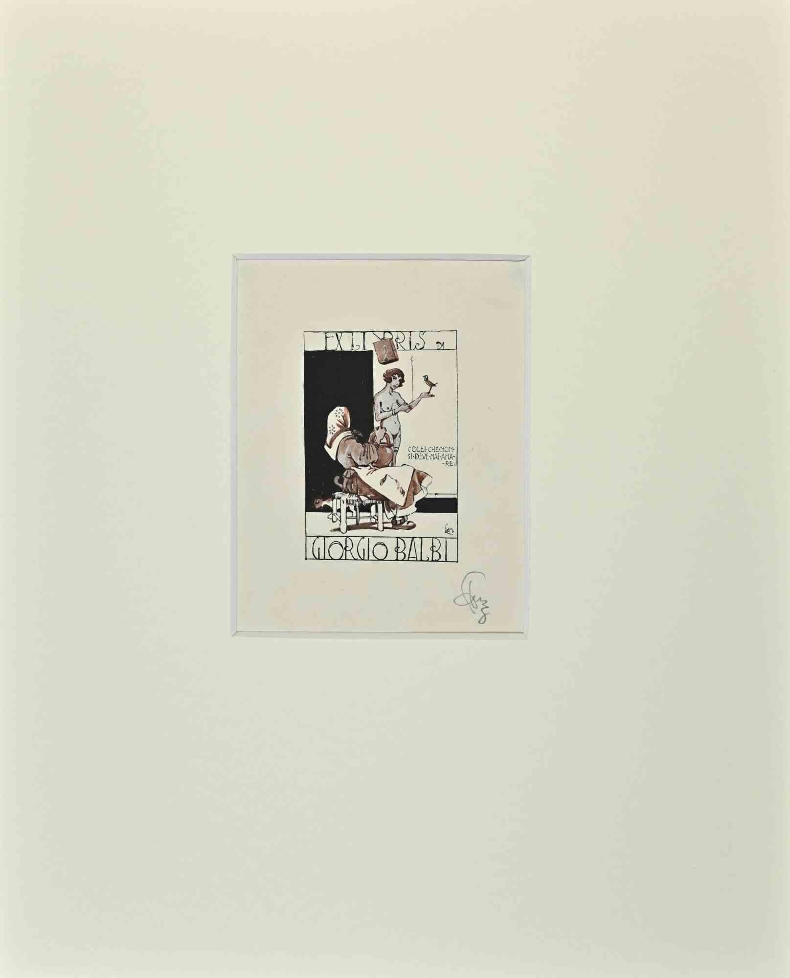 Figurative Print di Unknown - Ex Libris  - Giorgio Balbi  -  You Si-taglia in legno - Metà del XX secolo