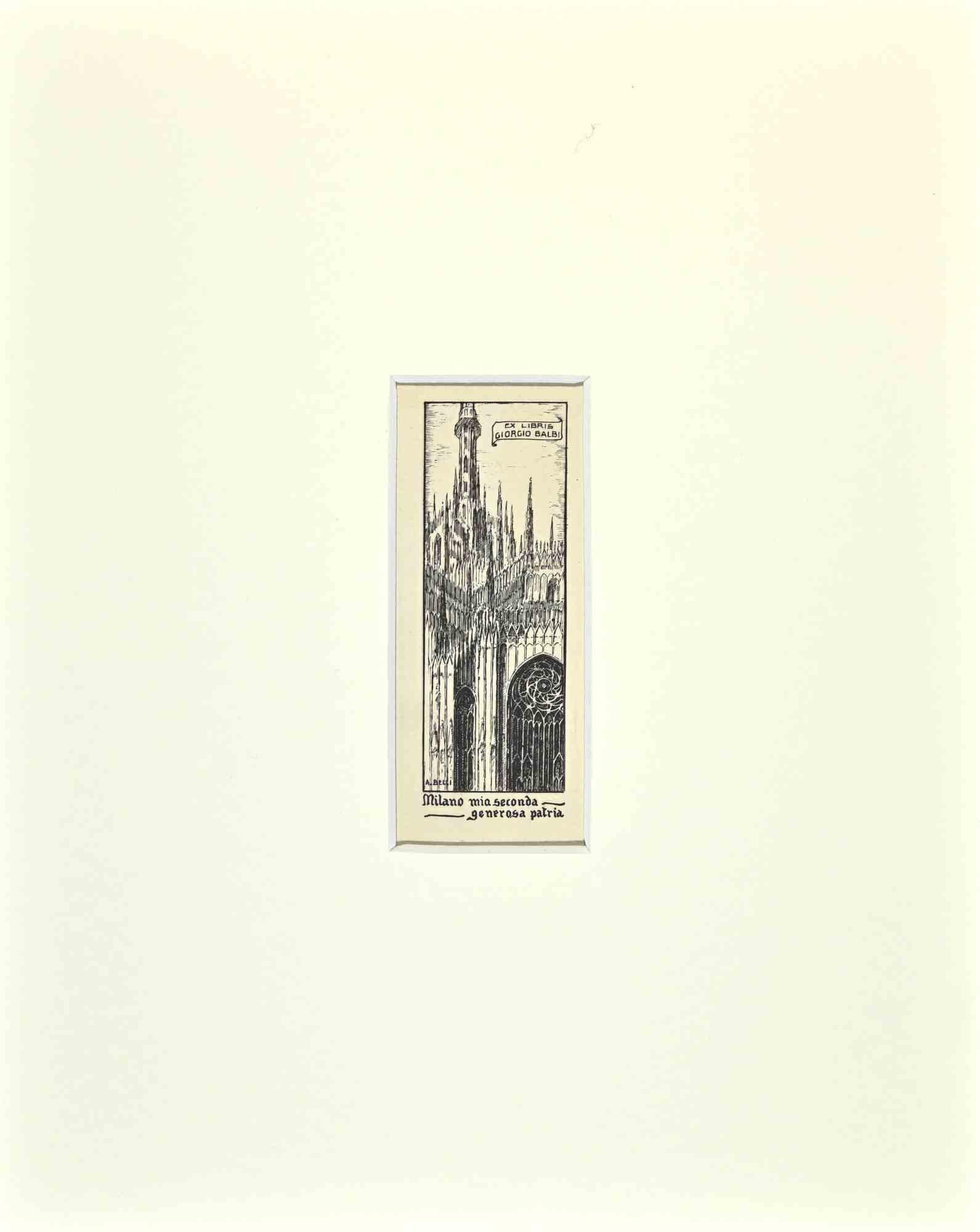 Unknown Figurative Print – Ex Libris  Giorgio Balbi – Holzschnitt – Mitte des 20. Jahrhunderts