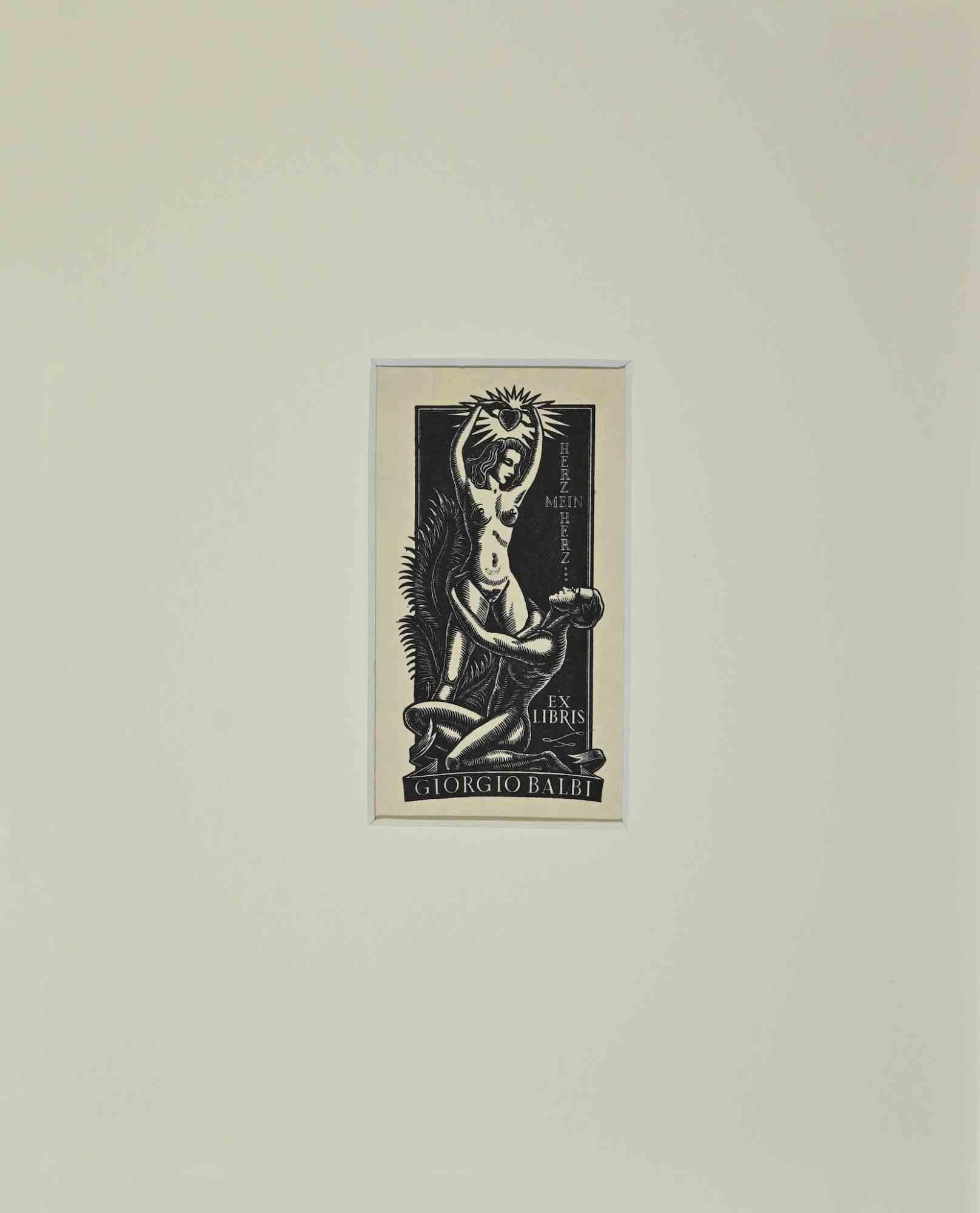Unknown Figurative Photograph - Ex Libris  - Giorgio Balbi  - Woodcut - Mid-20th Century