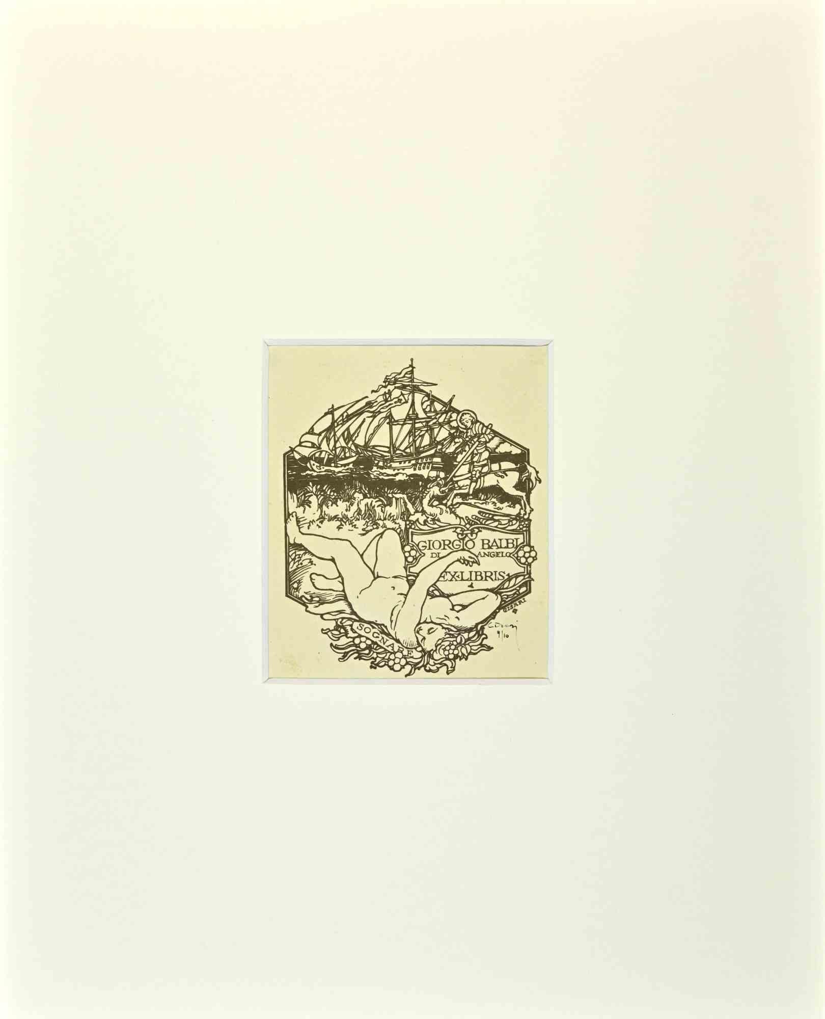 Unknown Figurative Photograph – Ex Libris - Giorgio Balbi - Holzschnitt - Mitte des 20.