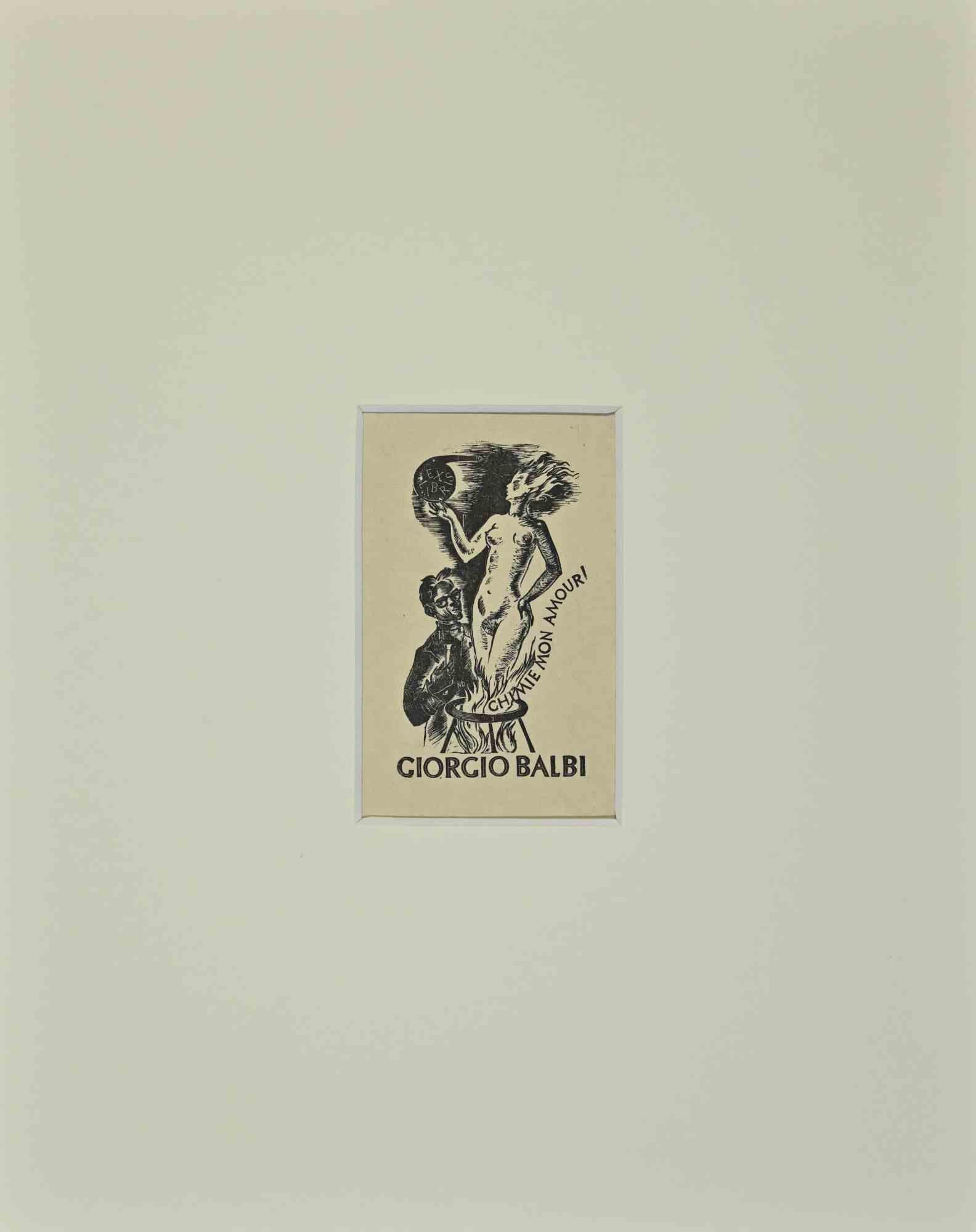 Unknown Figurative Print - Ex Libris  - Giorgio Balbi - Woodcut - Mid-20th Century