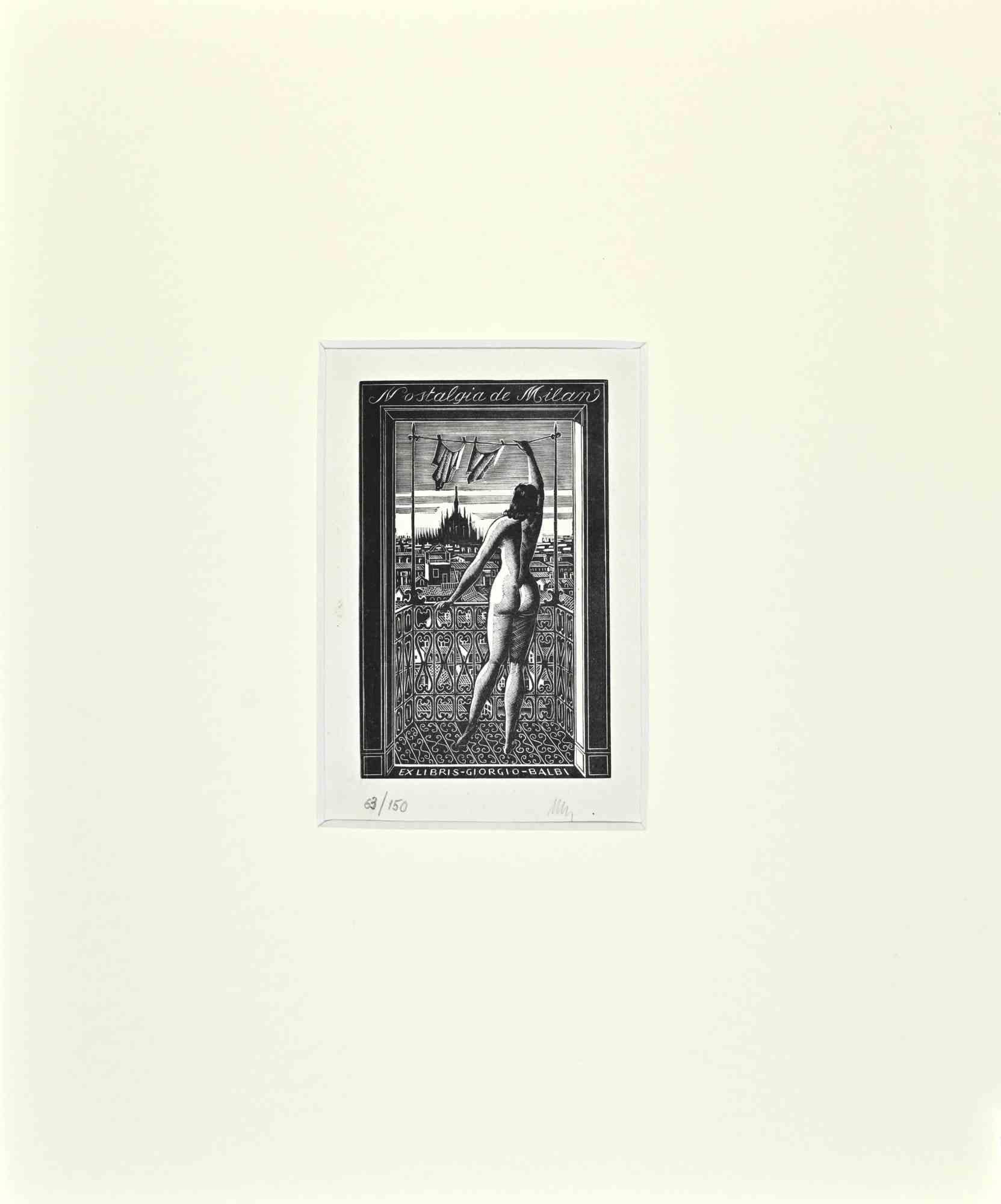Unknown Figurative Print – Ex Libris  Nostalgia de Milan – Holzschnitt – Mitte des 20. Jahrhunderts
