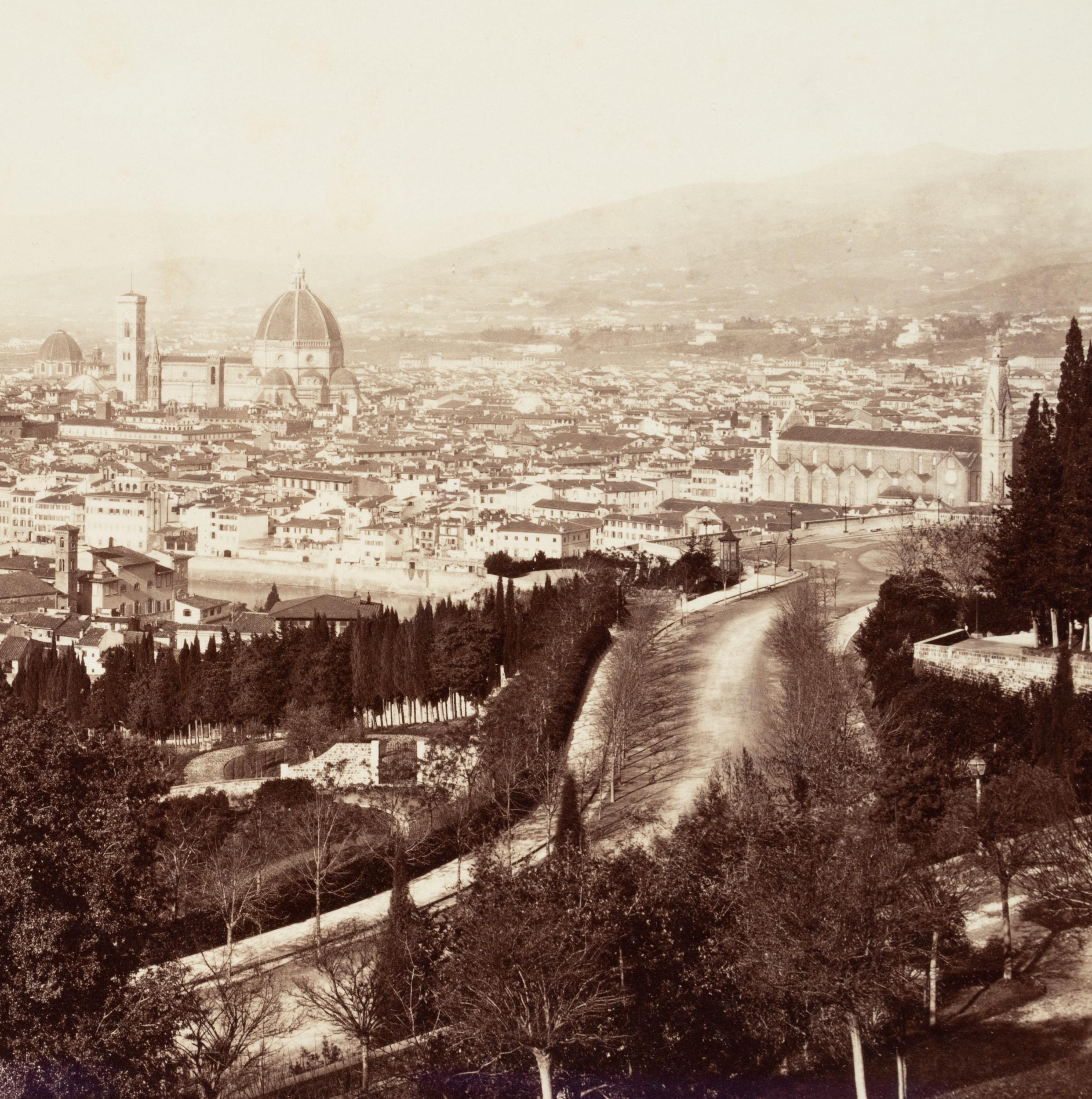 Fratelli Alinari (19th century): City view of Florence Panoramic view over the city, c. 1880, albumen paper print

Technique: albumen paper print, mounted on Cardboard

Stamp: Lower right Blank stamp, Fratelli Alinari. Florence. 19th