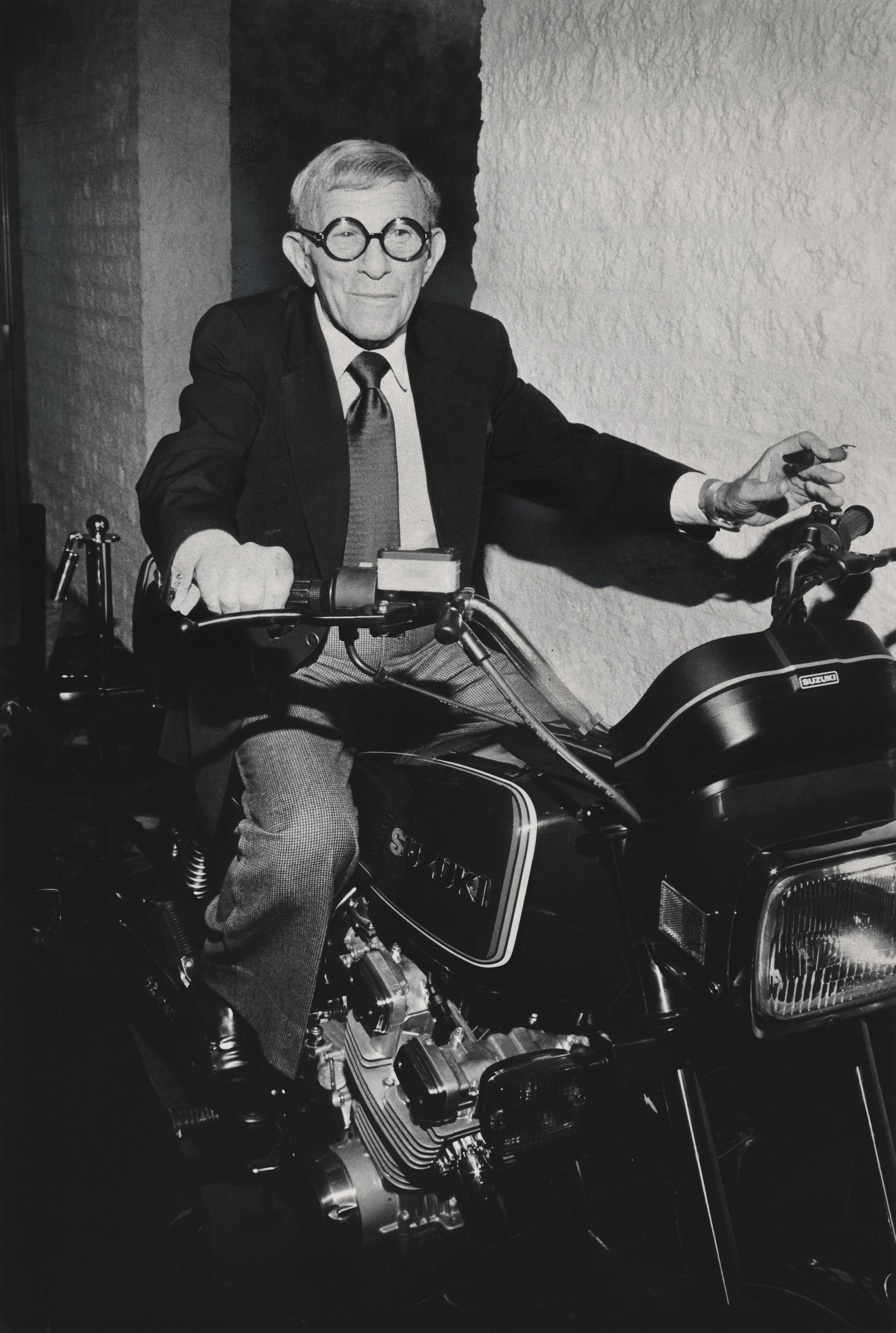 Unknown Black and White Photograph - George Burns: Famed Comedian on Motorcycle Fine Art Print