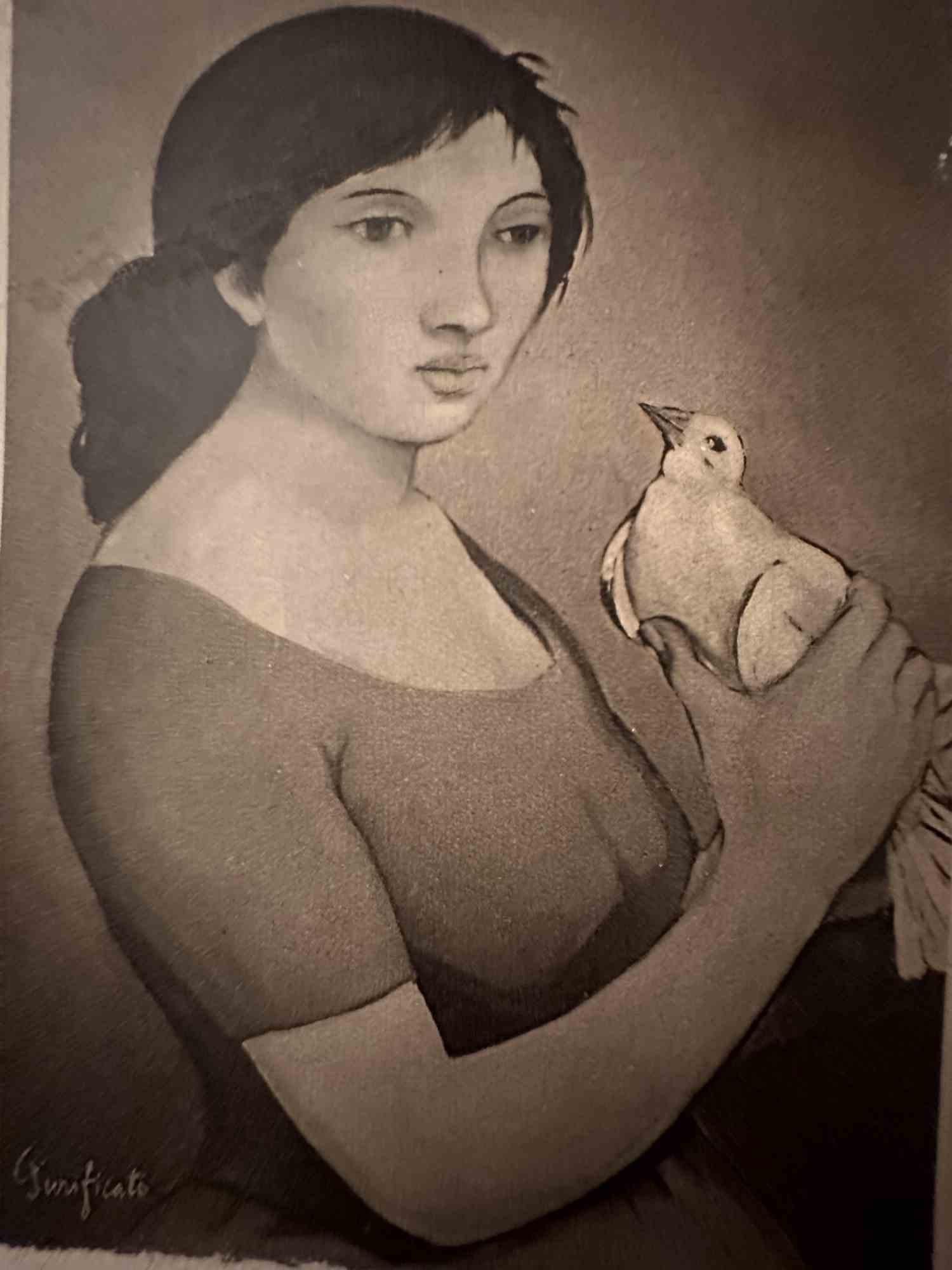 Unknown Portrait Photograph - Girl With Bird- Photo of Painting by Domenico Purificato - 1950s