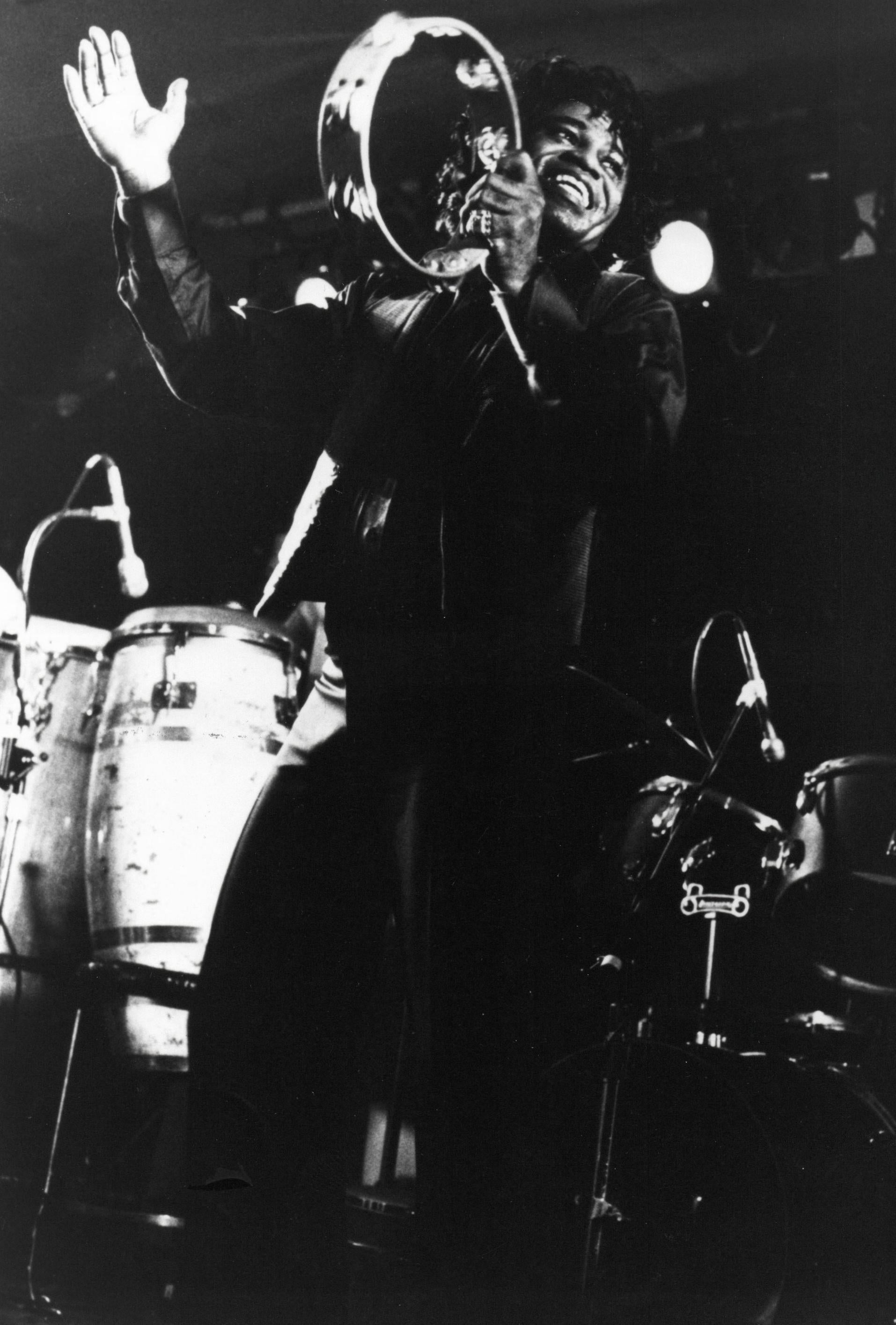 Unknown Black and White Photograph - James Brown Playing Tambourine on Stage Vintage Original Photograph