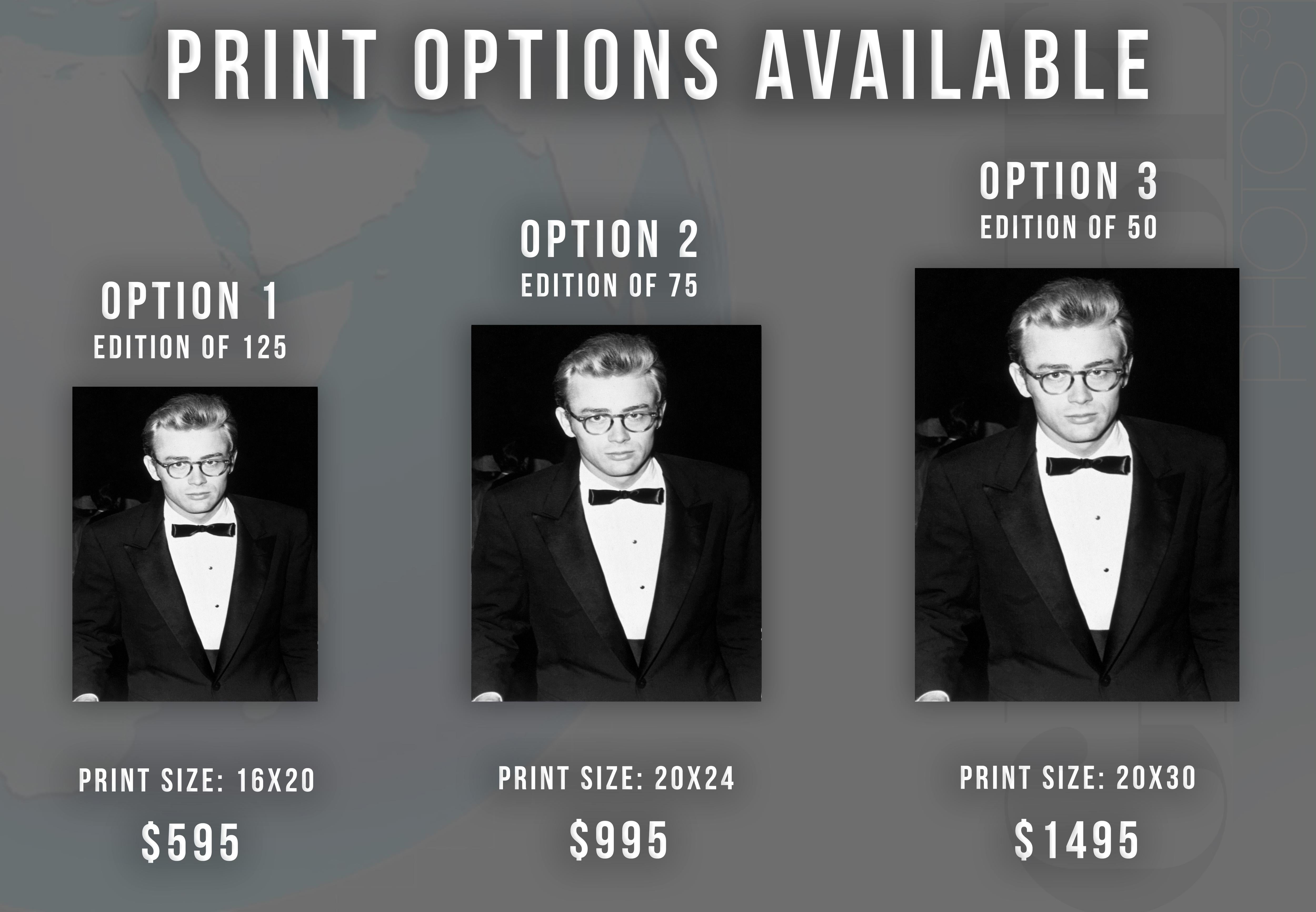 James Dean Candid in Tuxedo Globe Photos Fine Art Print - Photograph by Unknown